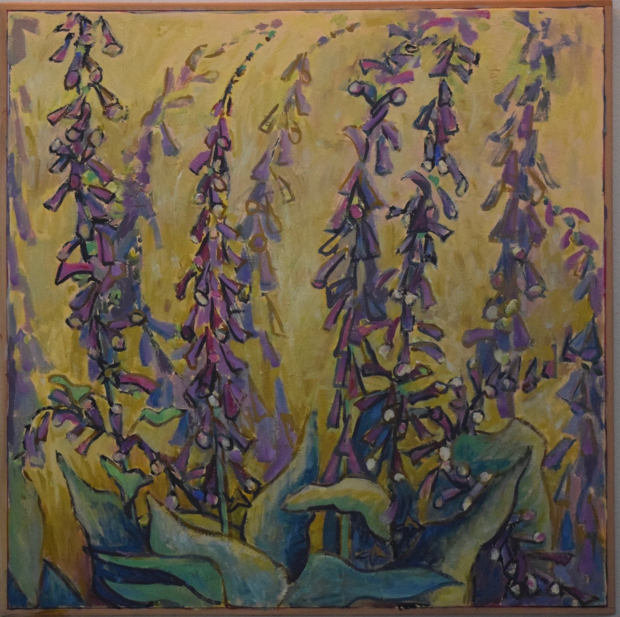 Abstract painting depicting purple and pink flower spikes with green leaves against a yellow background.