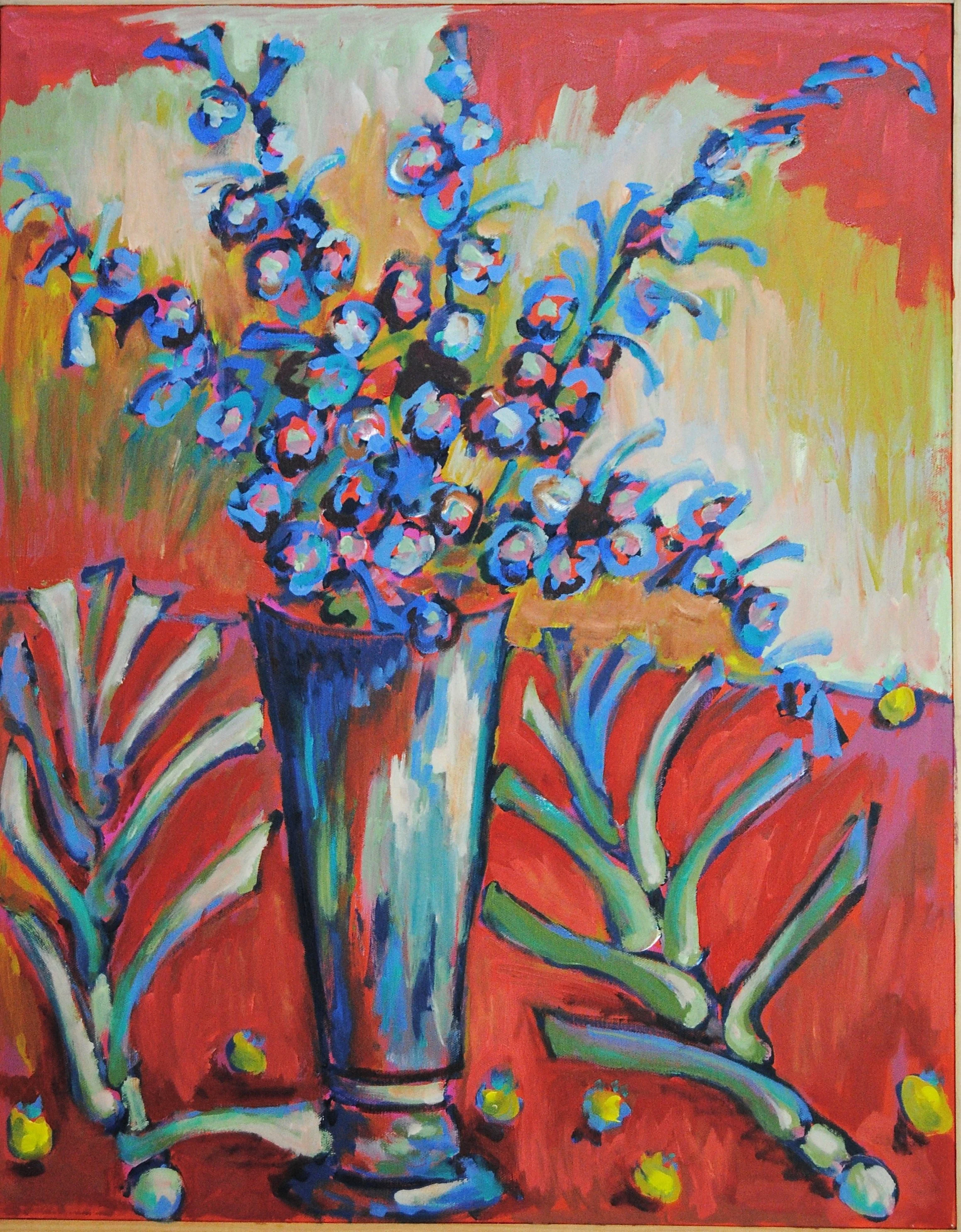 Abstract painting of a vase with blue and purple flowers, surrounded by green stems and leaves on a red background with additional colorful dots and brushstrokes.