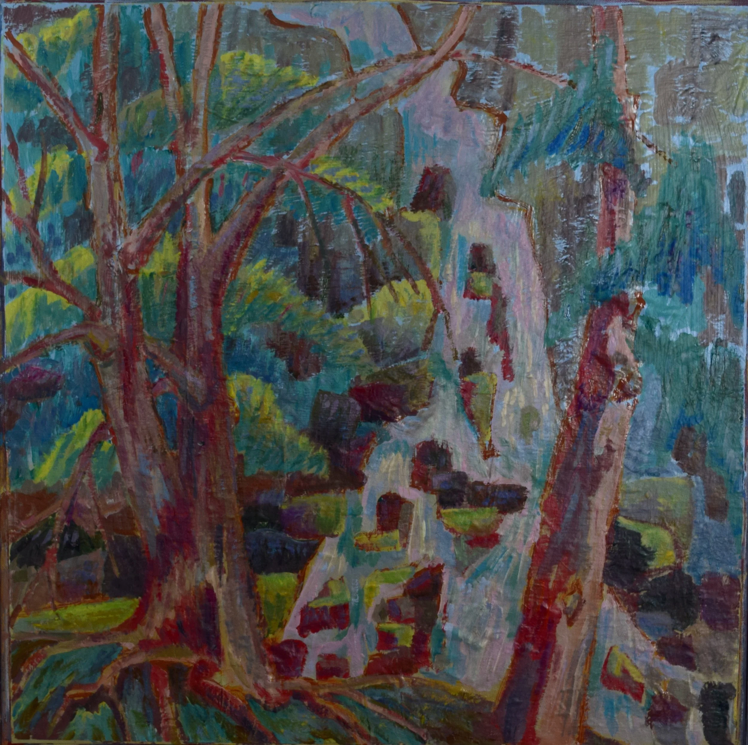 Painted depiction of a waterfall flowing through a forest with trees and foliage in earthy tones.