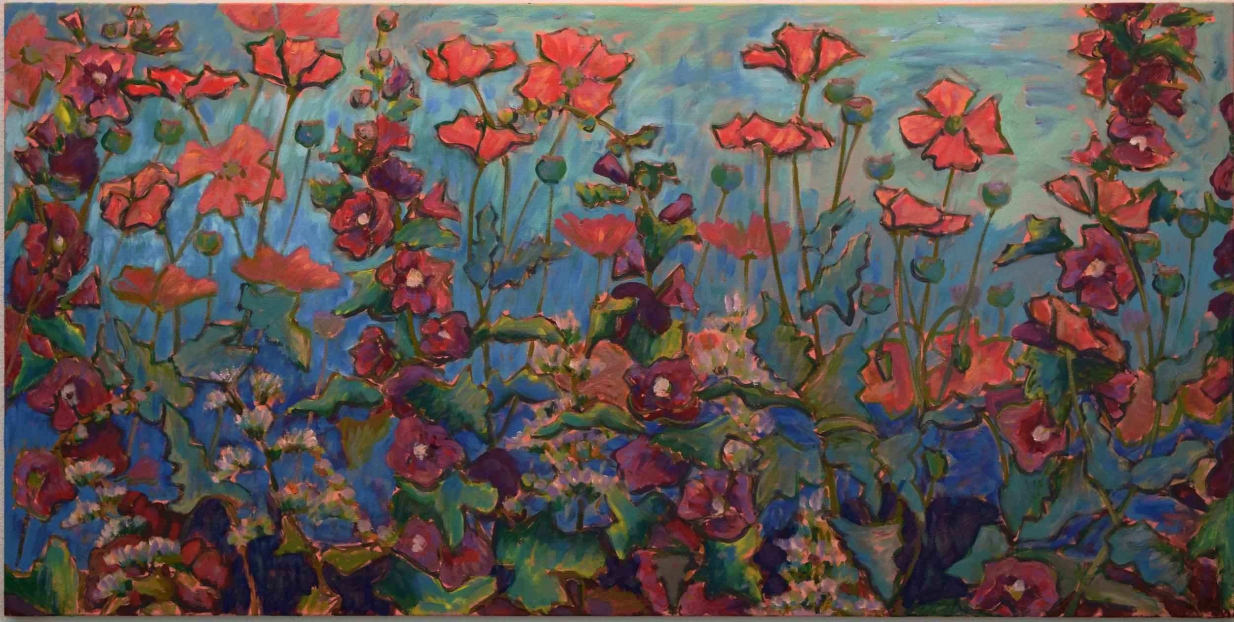 A colorful painting of pink and purple flowers with green leaves against a blue and green background.
