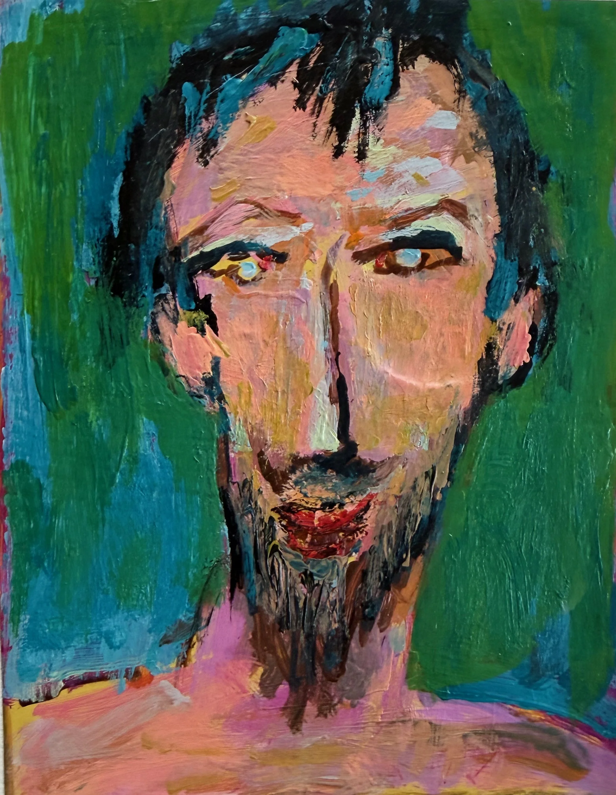 An abstract portrait of a man with dark hair, a beard, and a mustache, using bold brushstrokes and vibrant colors like pink, green, blue, and black.