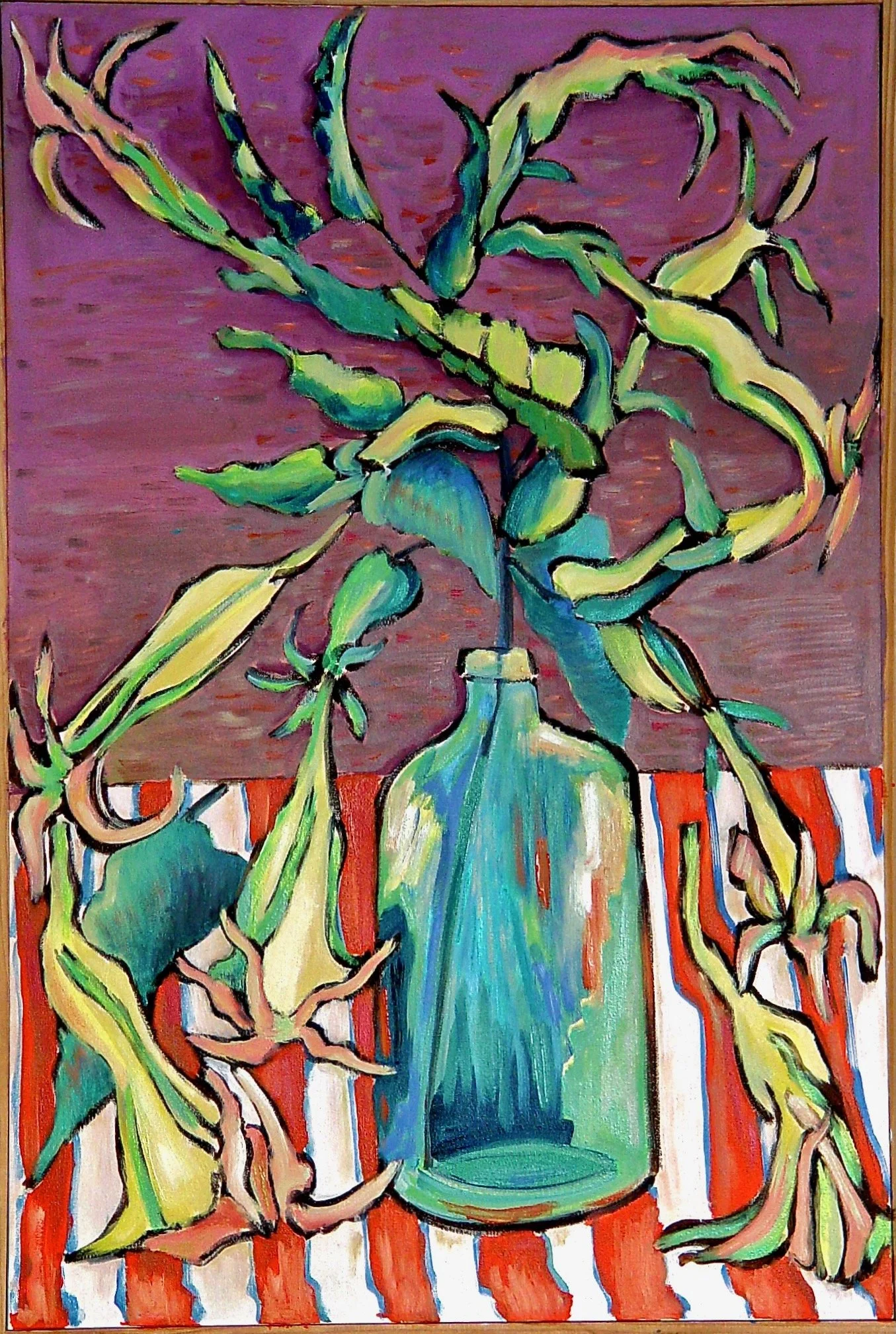 Abstract painting of a vase with twisted green and yellow plant stems on a striped red, white, and blue table against a purple background.