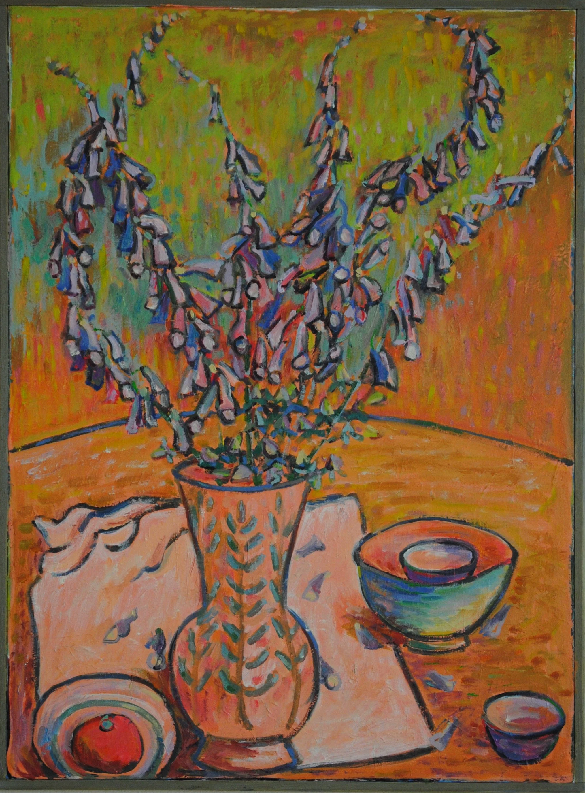 Colorful painting of a vase with wilted flowers on a table, alongside a bowl and small dish, against a vibrant orange and green background.