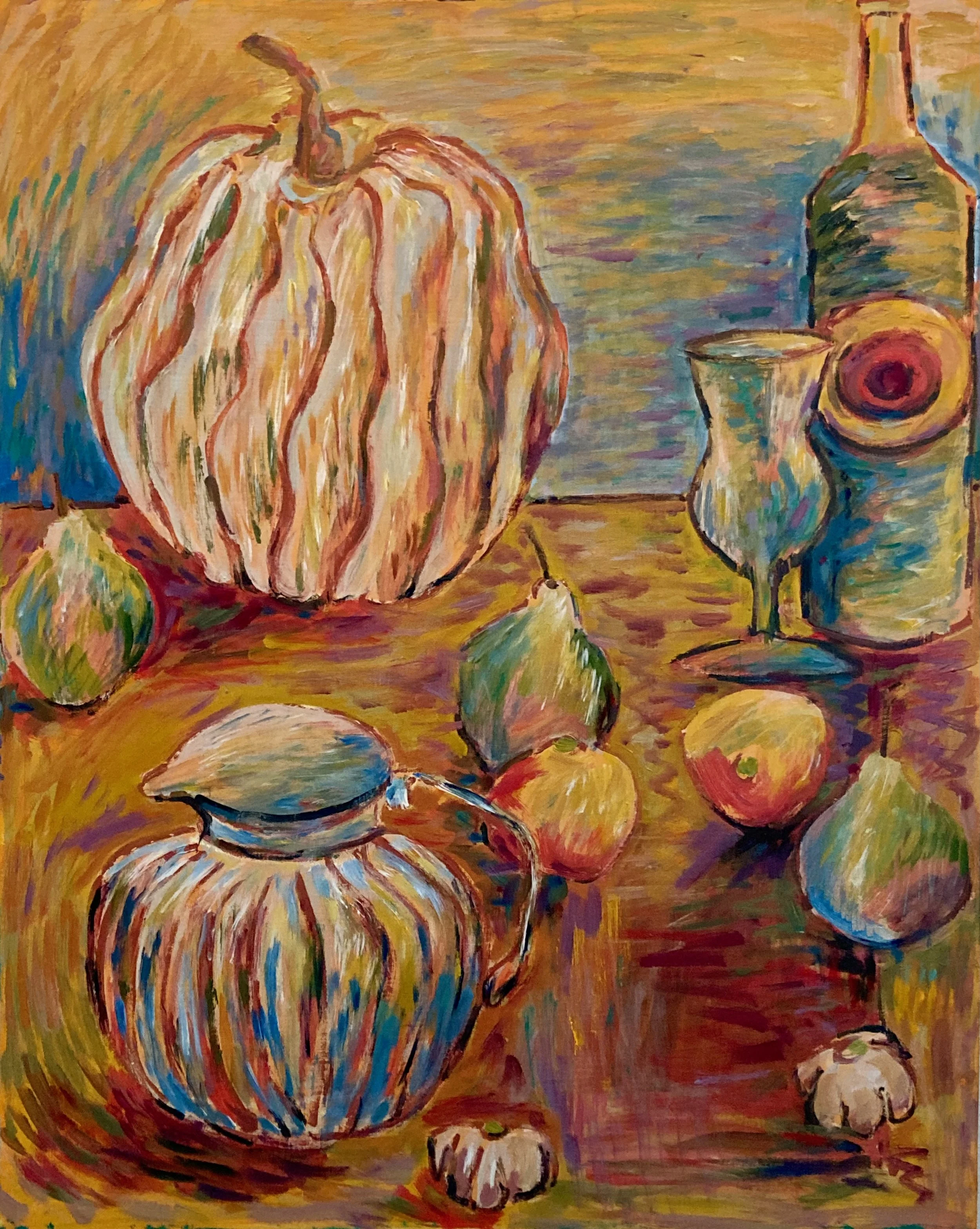 A colorful still life painting featuring pumpkins, apples, a teapot, a vase, and a bottle with a reflective surface, done in an impressionist style.