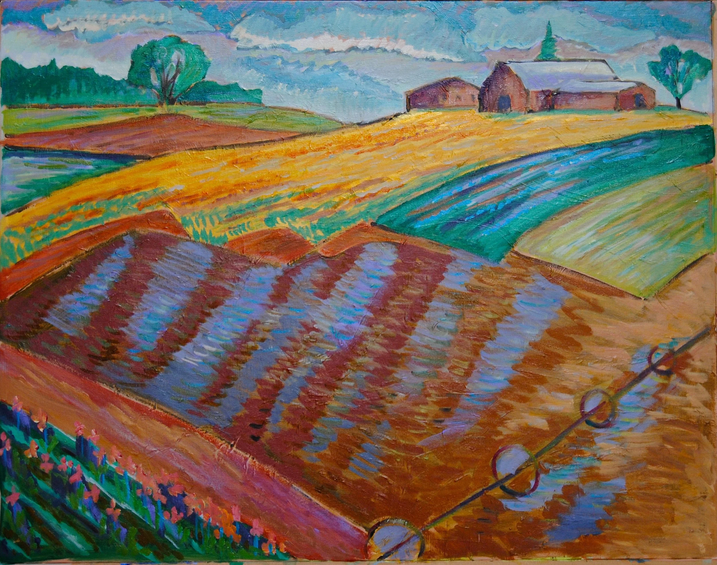 Colorful landscape of fields with multiple rows of plowed and growing crops, barn-like structures in the background, and trees under a cloudy sky.