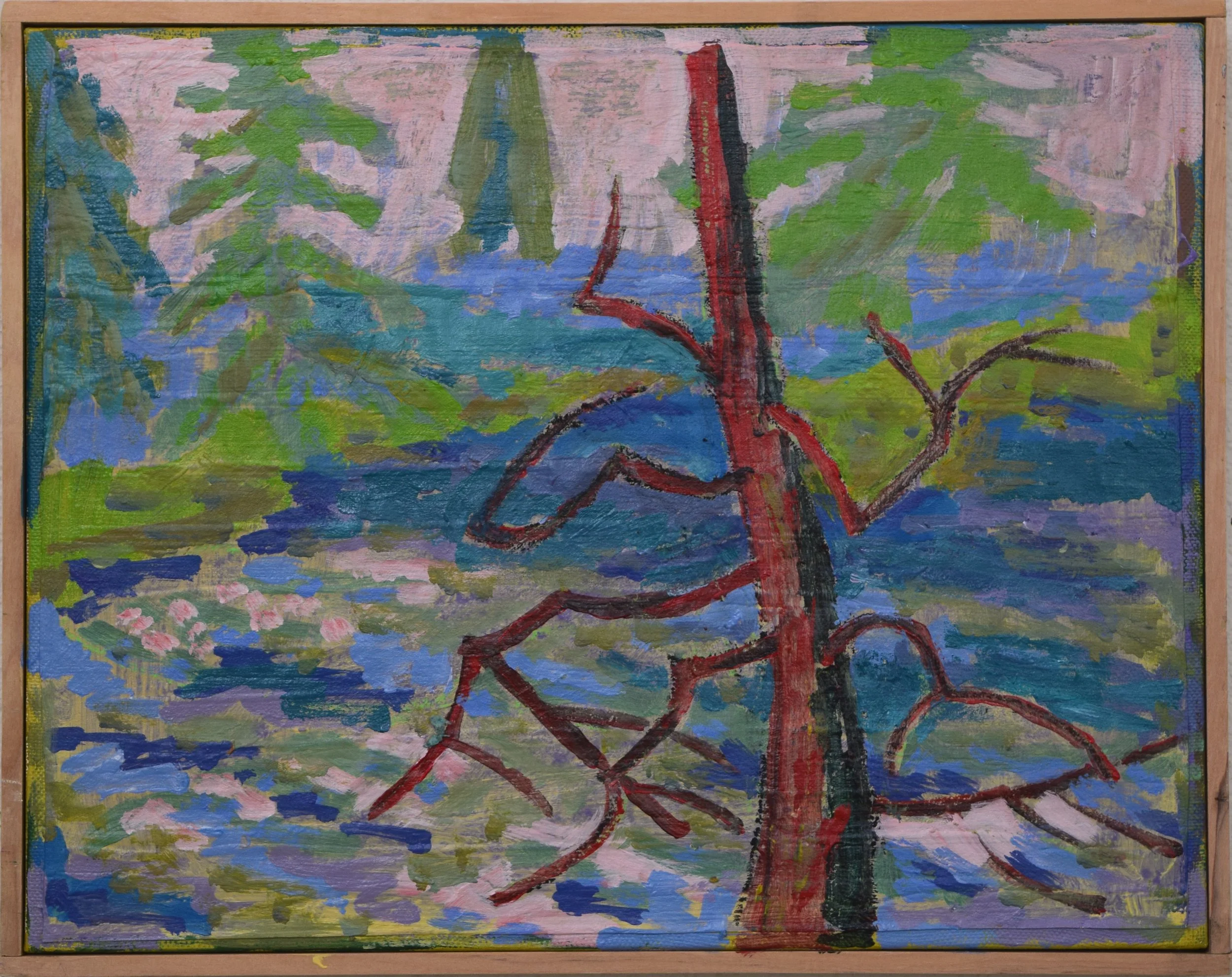 Expressionist painting of a tree with bold red and black branches set in a colorful landscape with green, blue, pink, and purple tones.