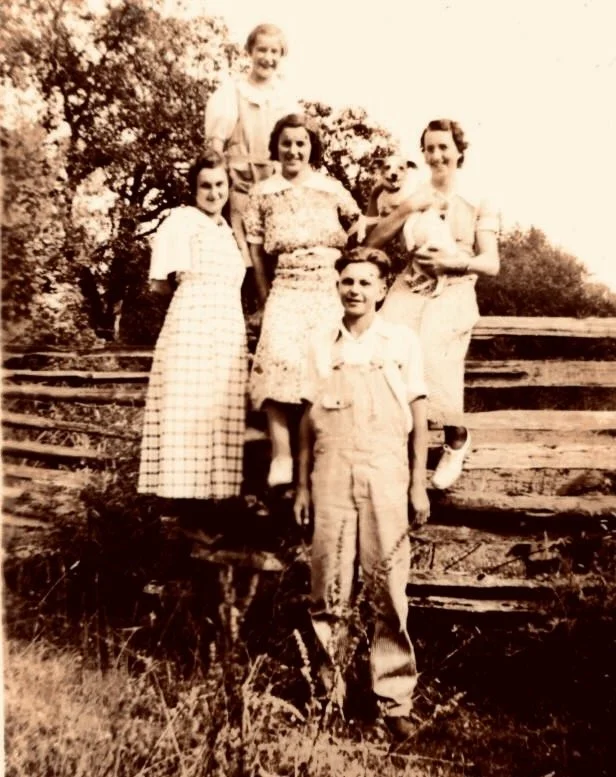 A sepia-toned photo of five children, four girls and one boy, standing on a wooden fence outdoors, with trees in the background, likely from a past era.
