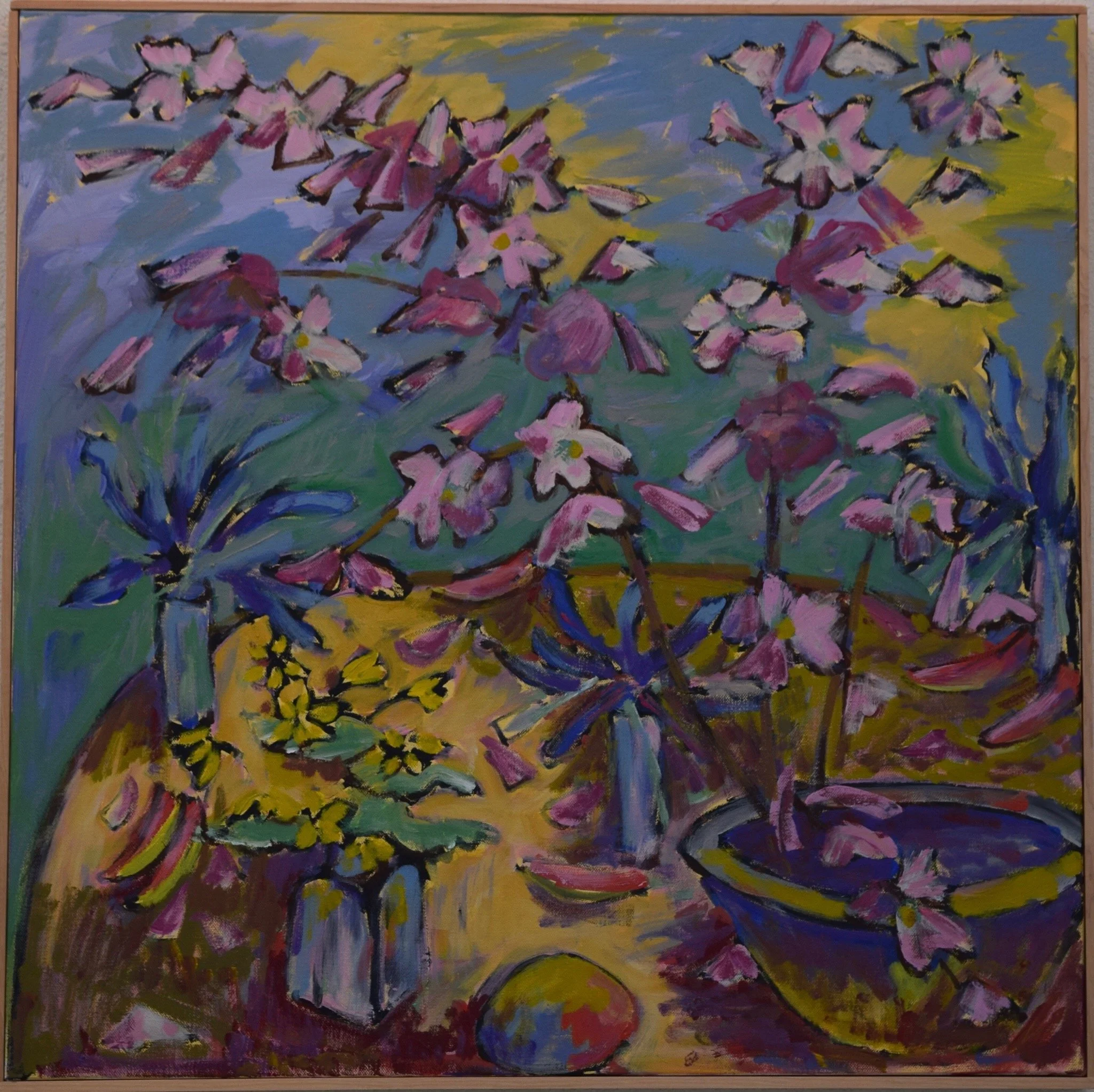 An abstract painting of a floral arrangement featuring pink and purple flowers in vases and a bowl, with a colorful background of blue, yellow, green, and purple brushstrokes.
