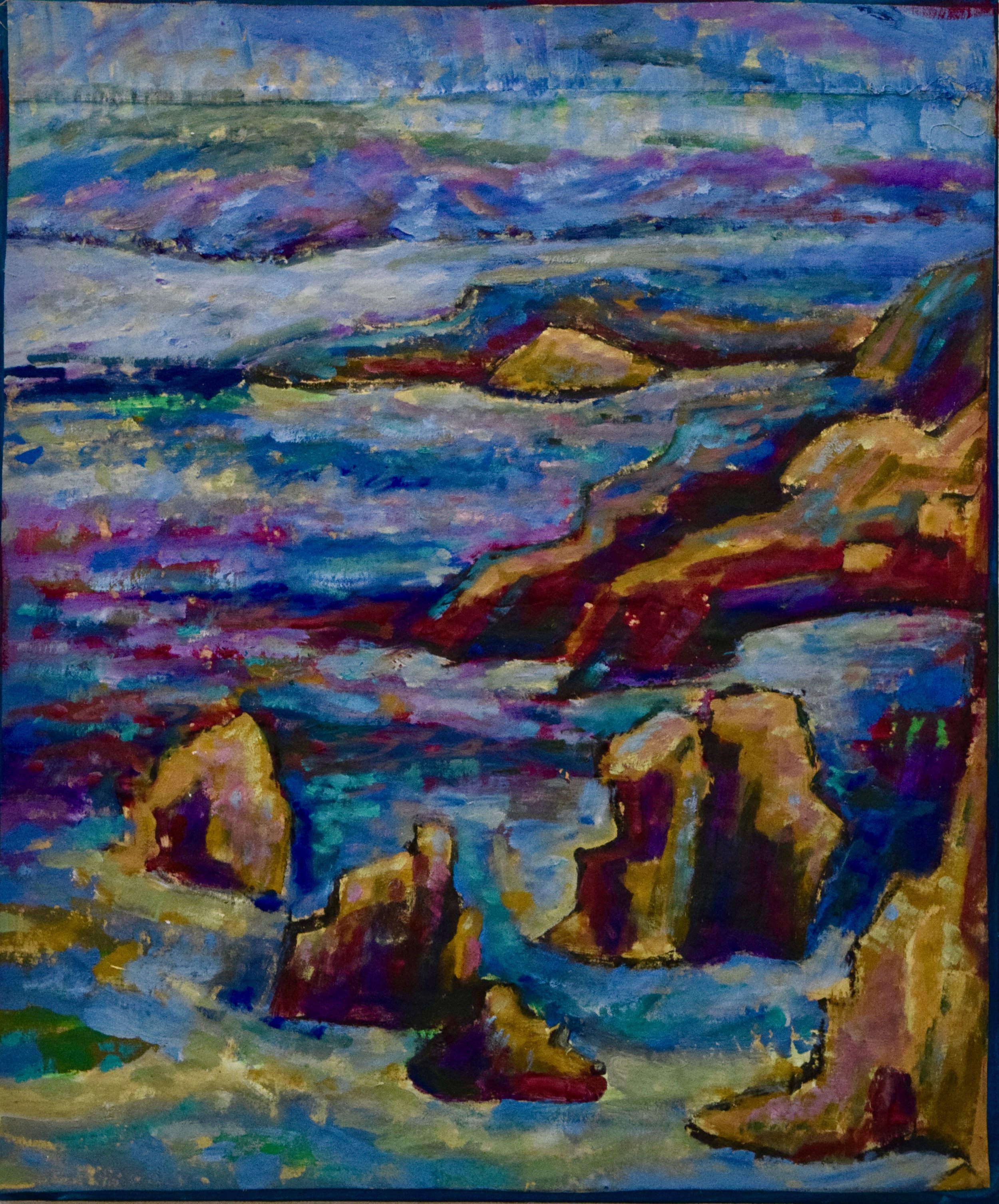 An abstract landscape painting of a coastal scene with rocks and water, using bold brushstrokes and vibrant colors including blues, purples, browns, and hints of yellow and green.