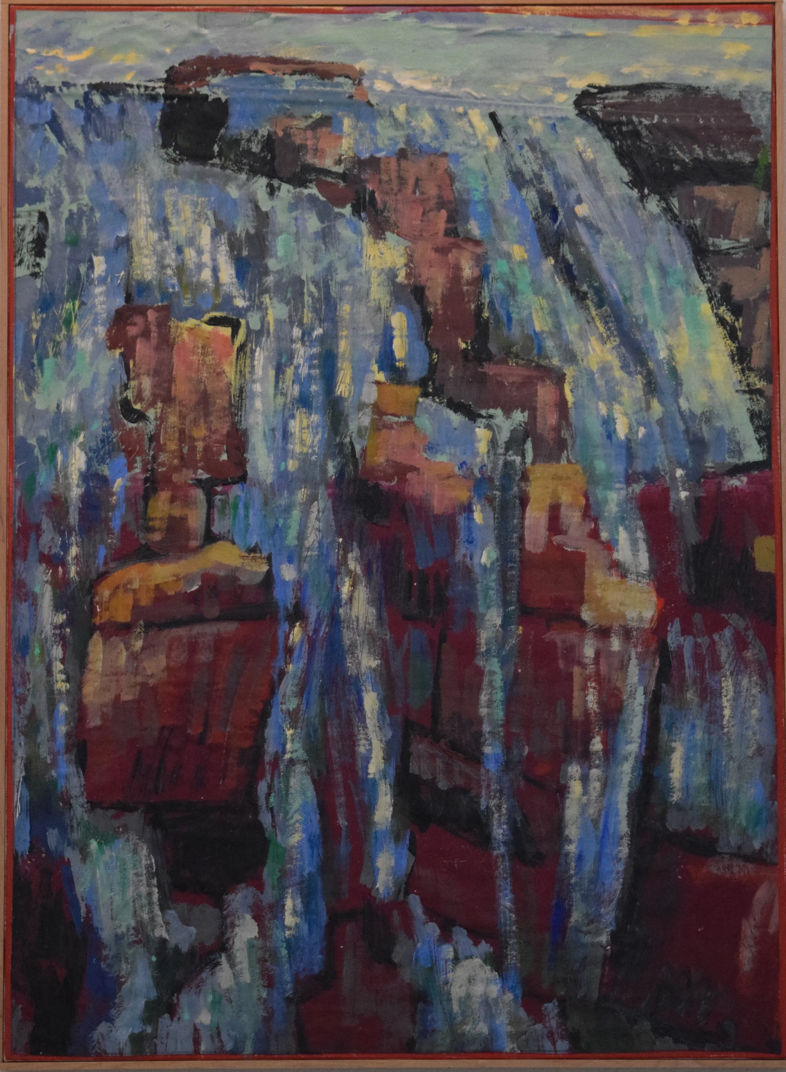 An abstract painting of a waterfall with water cascading down rocks, using bold brush strokes and vibrant colors like blue, white, red, and yellow.