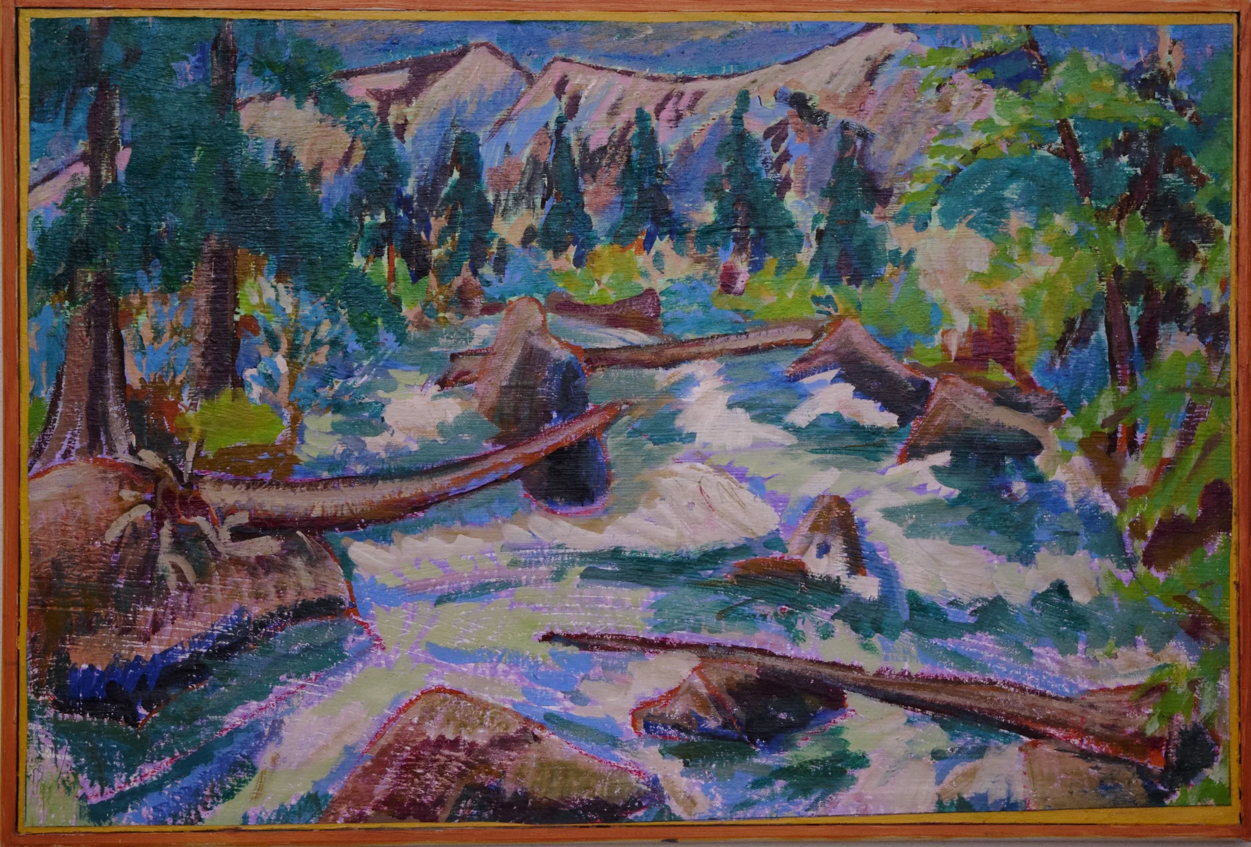 A colorful landscape painting depicting a flowing river with rocks, surrounded by trees and mountains in the background.