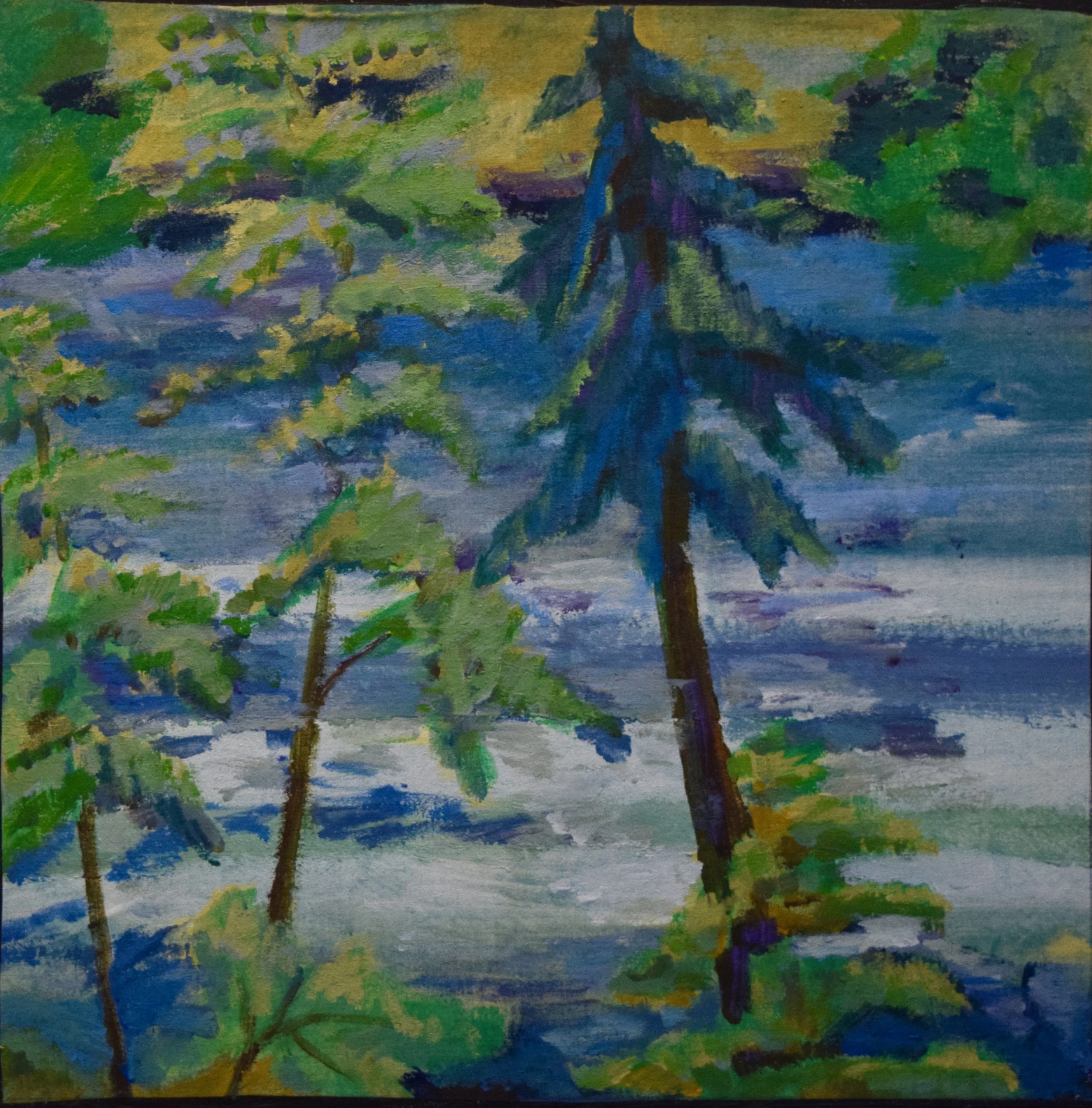 Watercolor painting of palm trees along a shoreline, with the ocean and sky in the background.