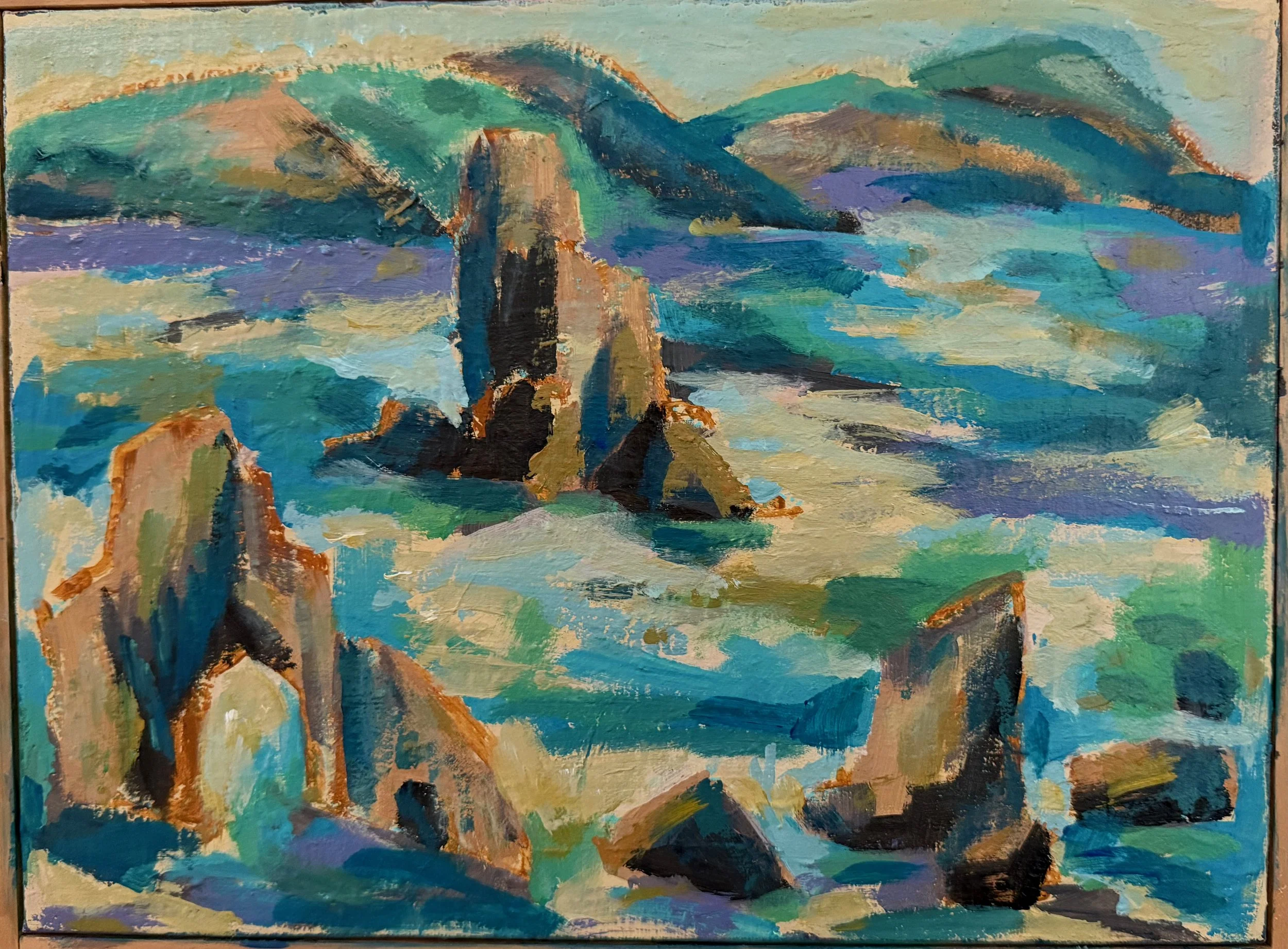 An abstract painting of rocks and ocean waves with mountains in the background, using vibrant shades of blue, green, tan, and purple.