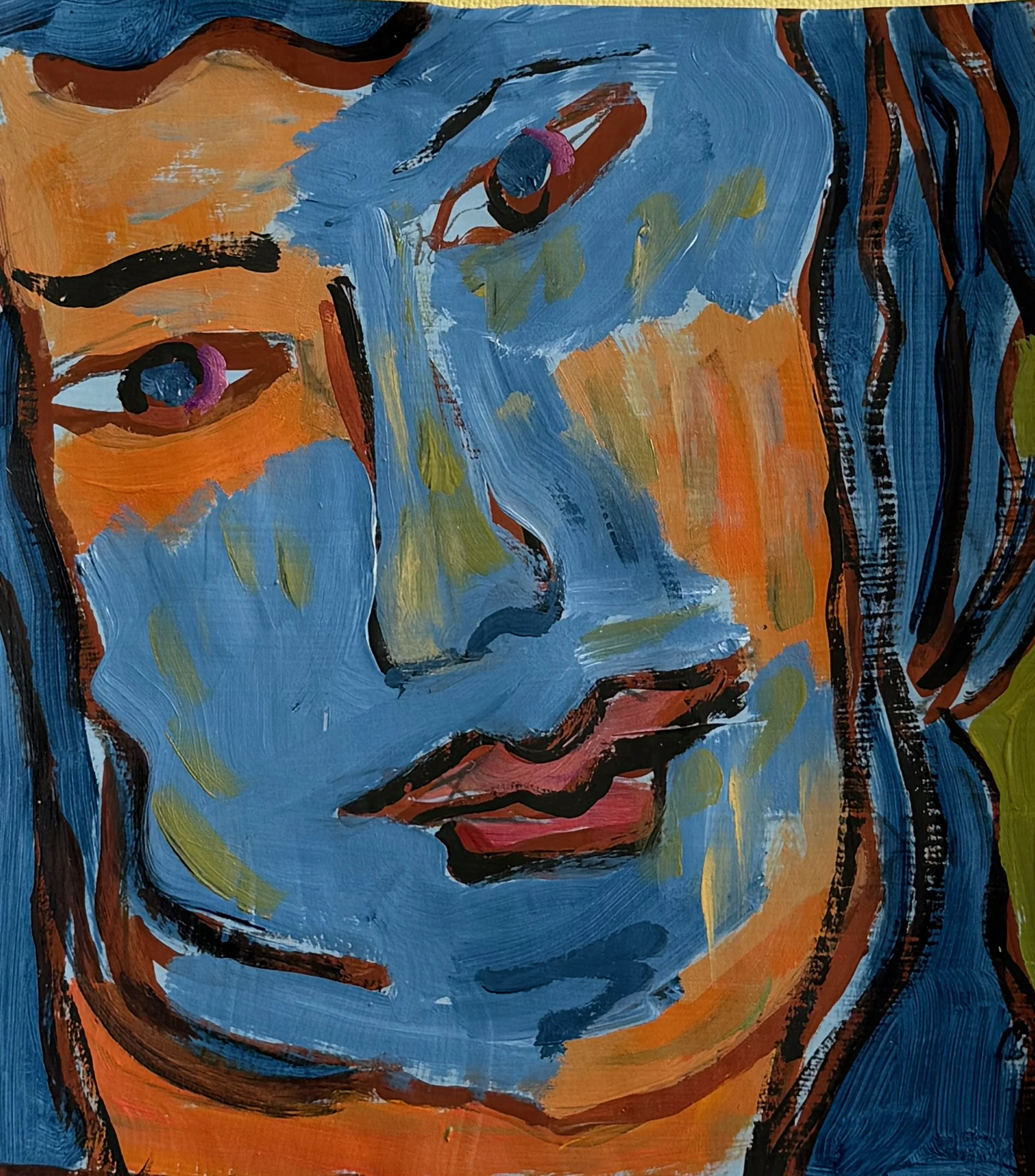 Abstract painting of a woman's face with bold brush strokes in blue, orange, black, green, and pink, featuring expressive eyes, eyebrows, nose, and lips.
