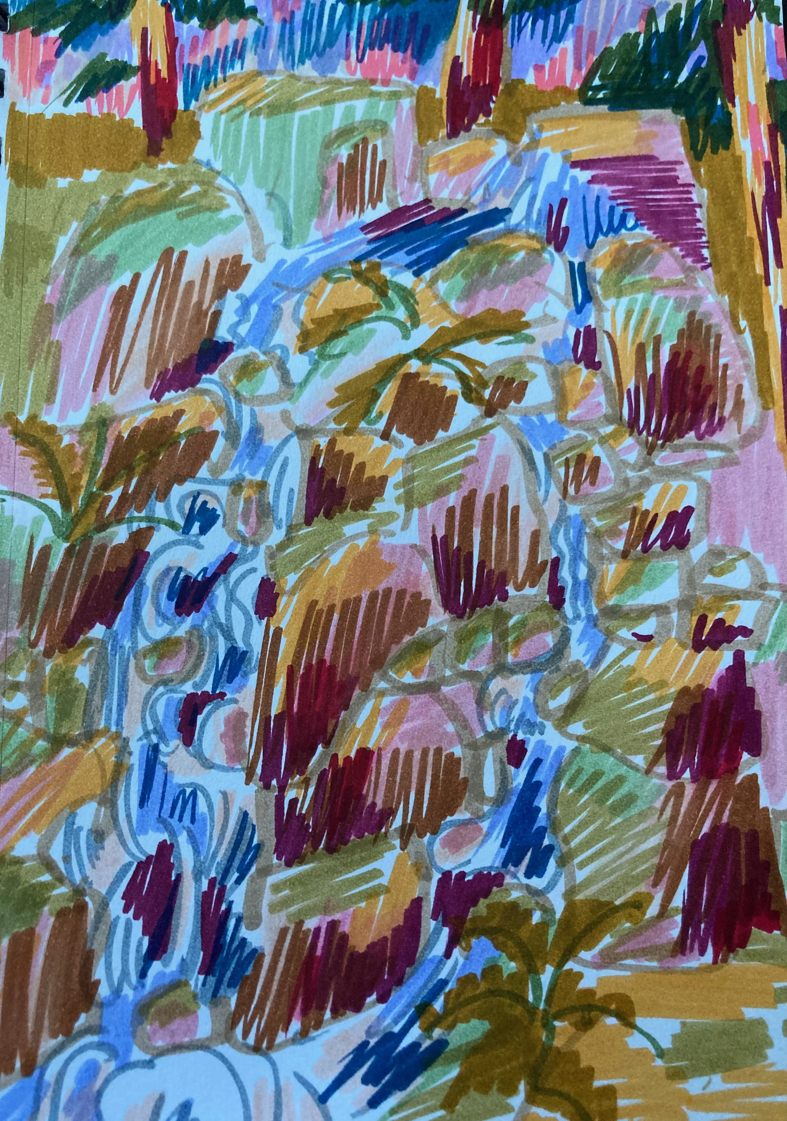 Colorful sketch of a waterfall flowing over rocks with surrounding foliage.