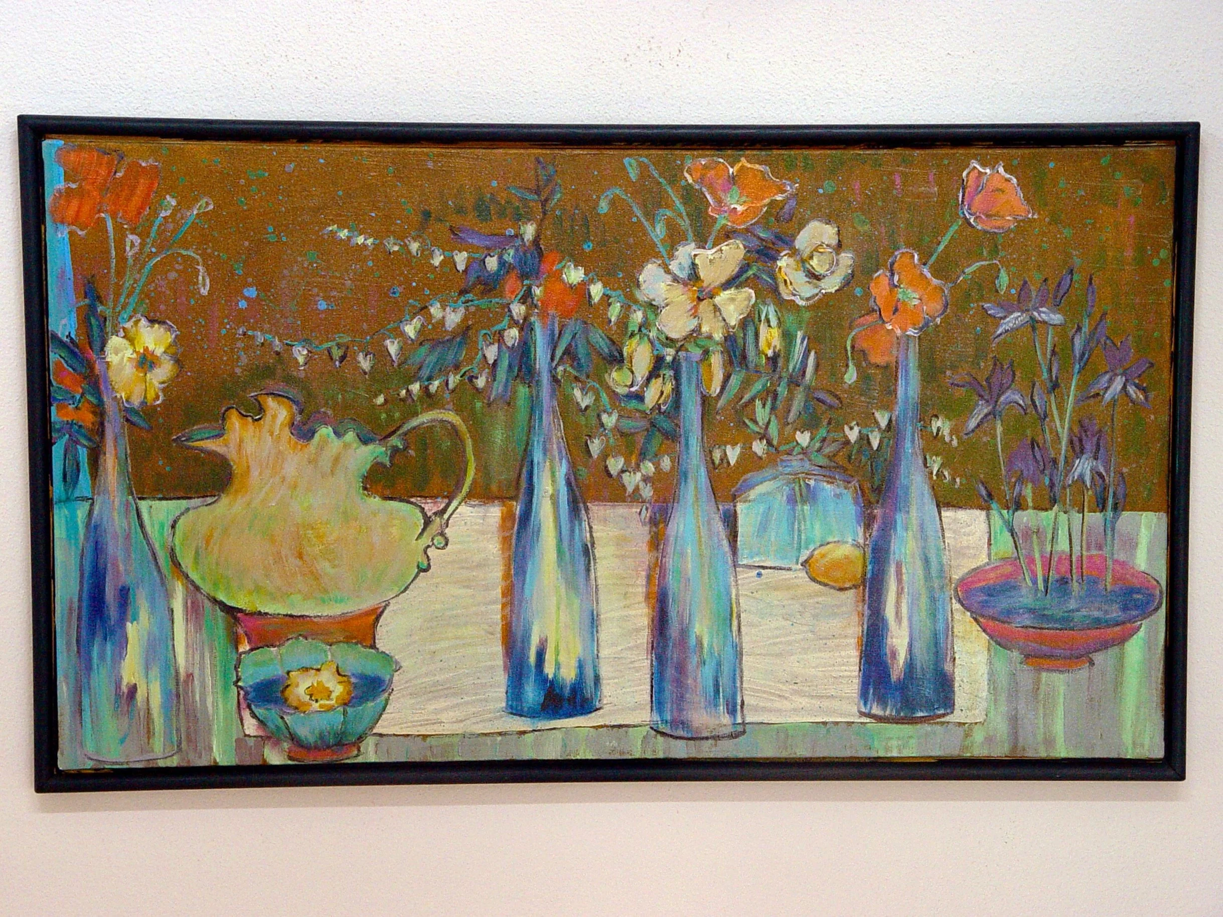 A colorful painting of various vases with flowers on a table.