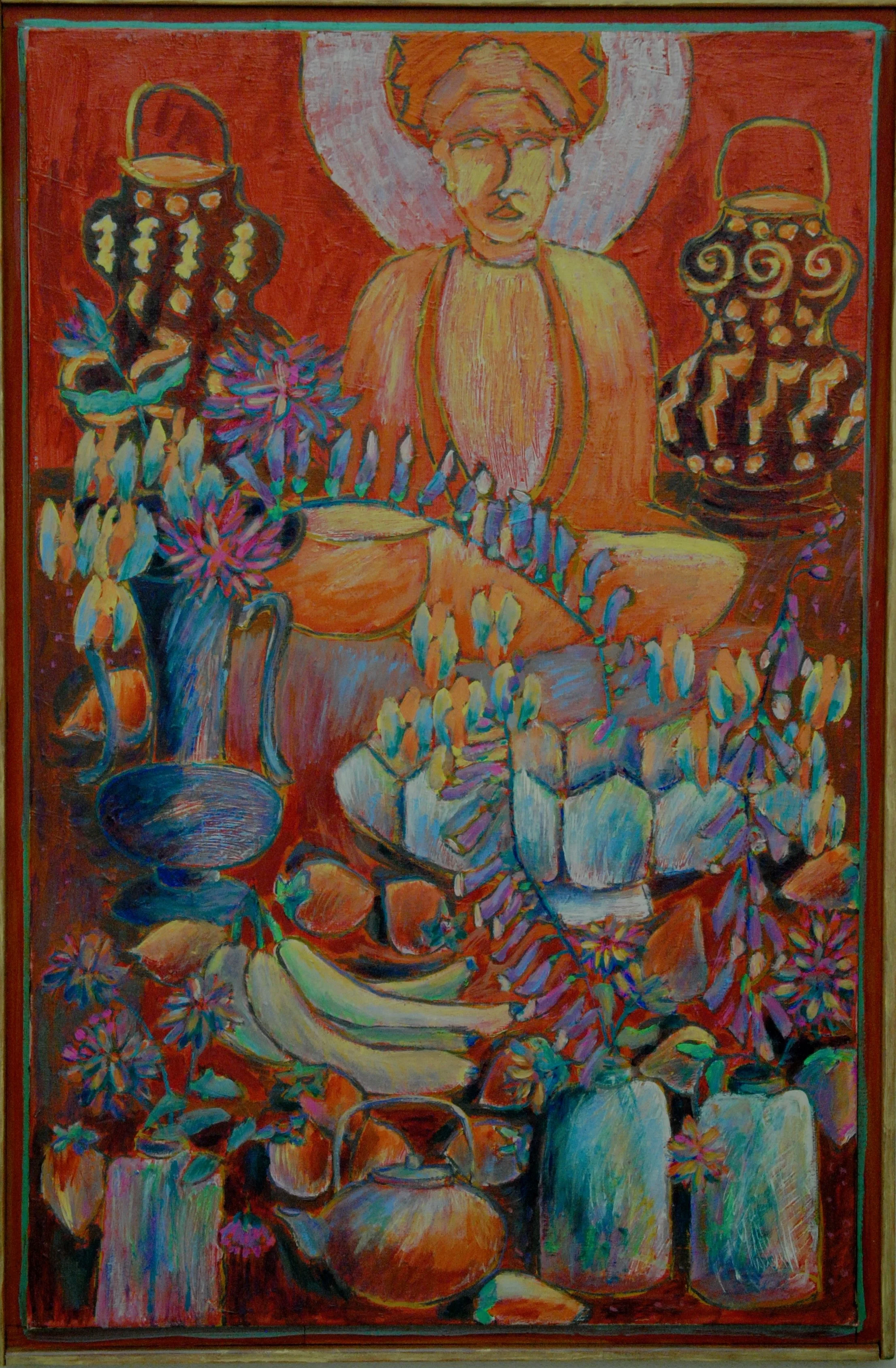 Colorful painting of a woman wearing a large hat, surrounded by flowers, vases, and bowls, with a red background.