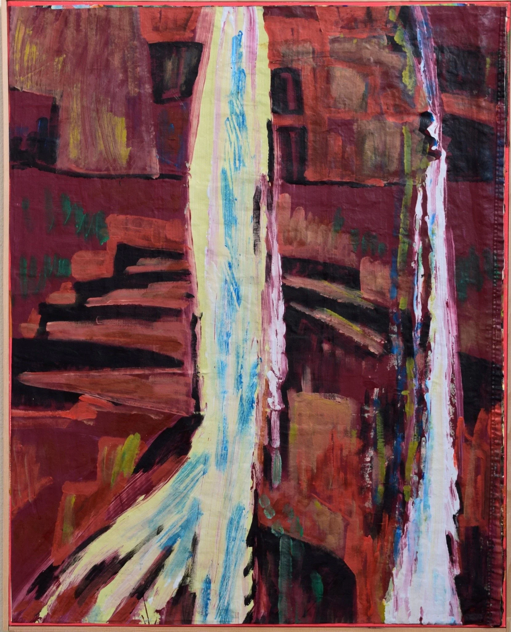 An abstract painting of a canyon with a waterfall flowing down the center, surrounded by canyon walls with staircases and layered rock formations.