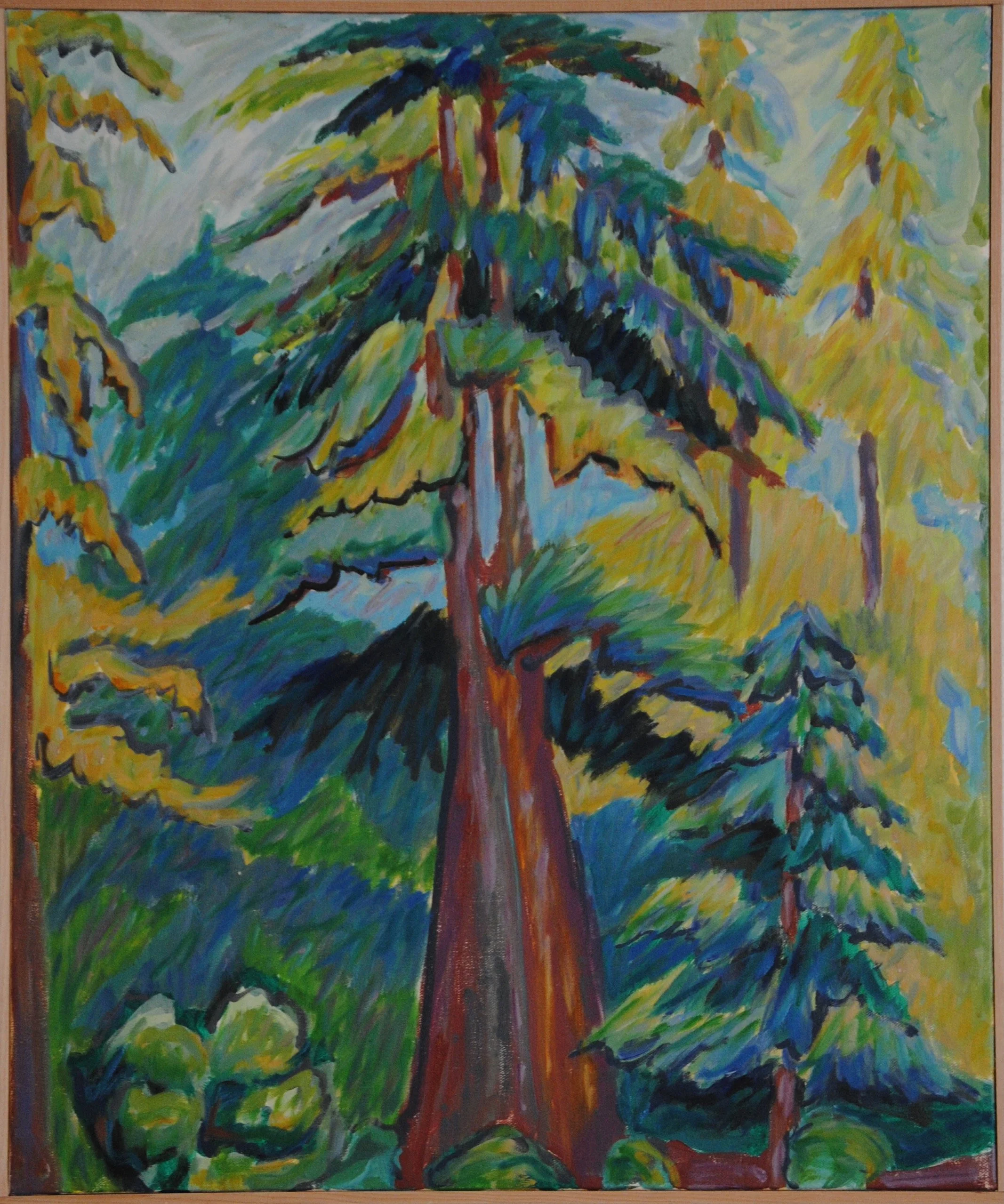 A colorful impressionist painting of a lush forest scene with tall trees, mainly pines, painted with bold brush strokes and vibrant colors.
