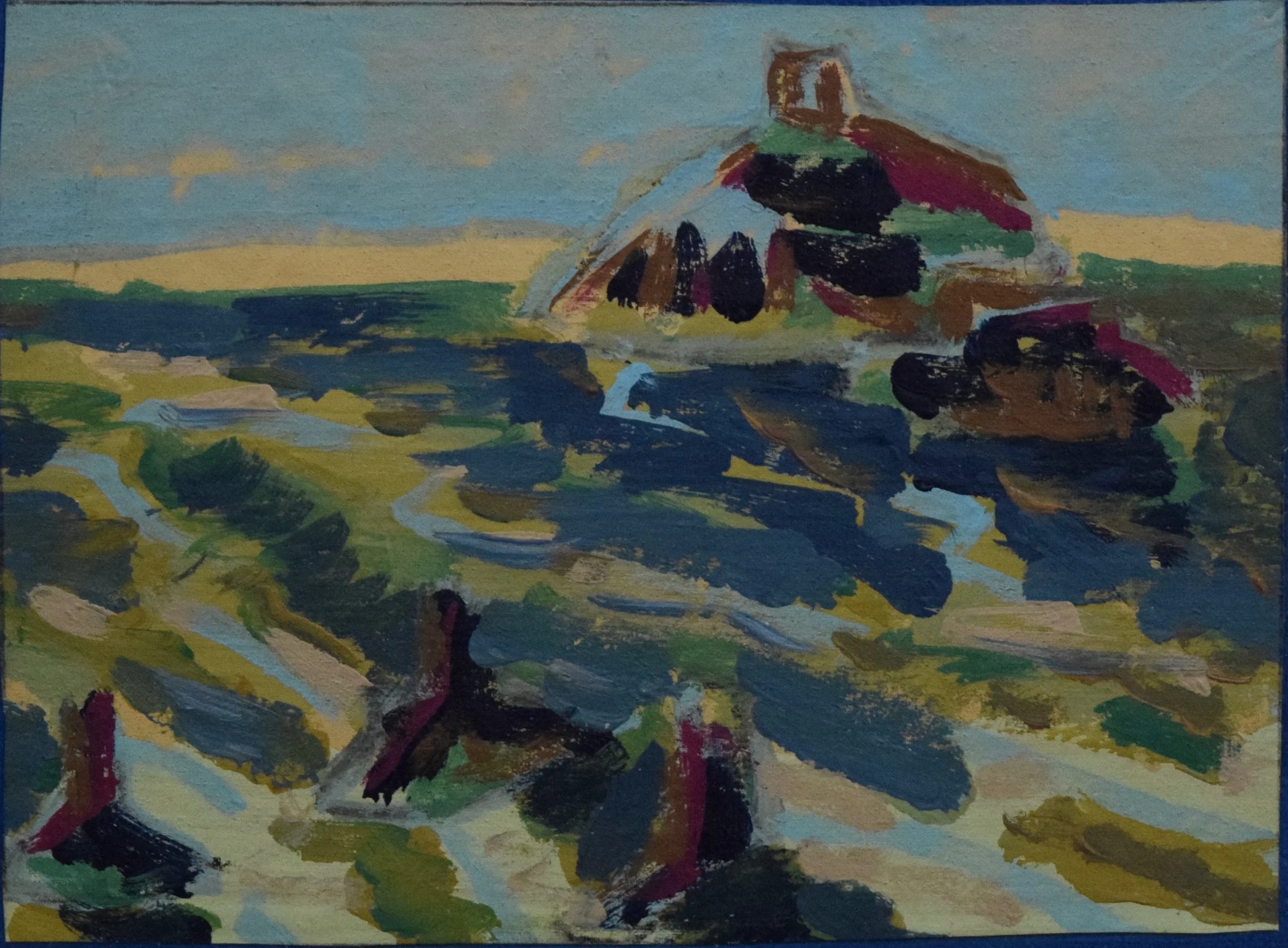 An impressionist painting of a landscape with a small house on a hill in the background, surrounded by grassy fields, and trees with dark green and reddish foliage. The sky is light blue with soft yellow clouds.