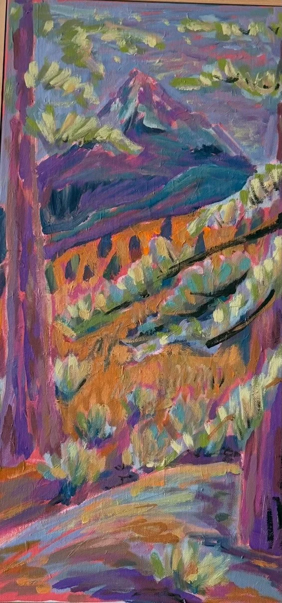 An impressionistic painting of a mountain landscape with a house and trees, using vibrant colors and bold brushstrokes.
