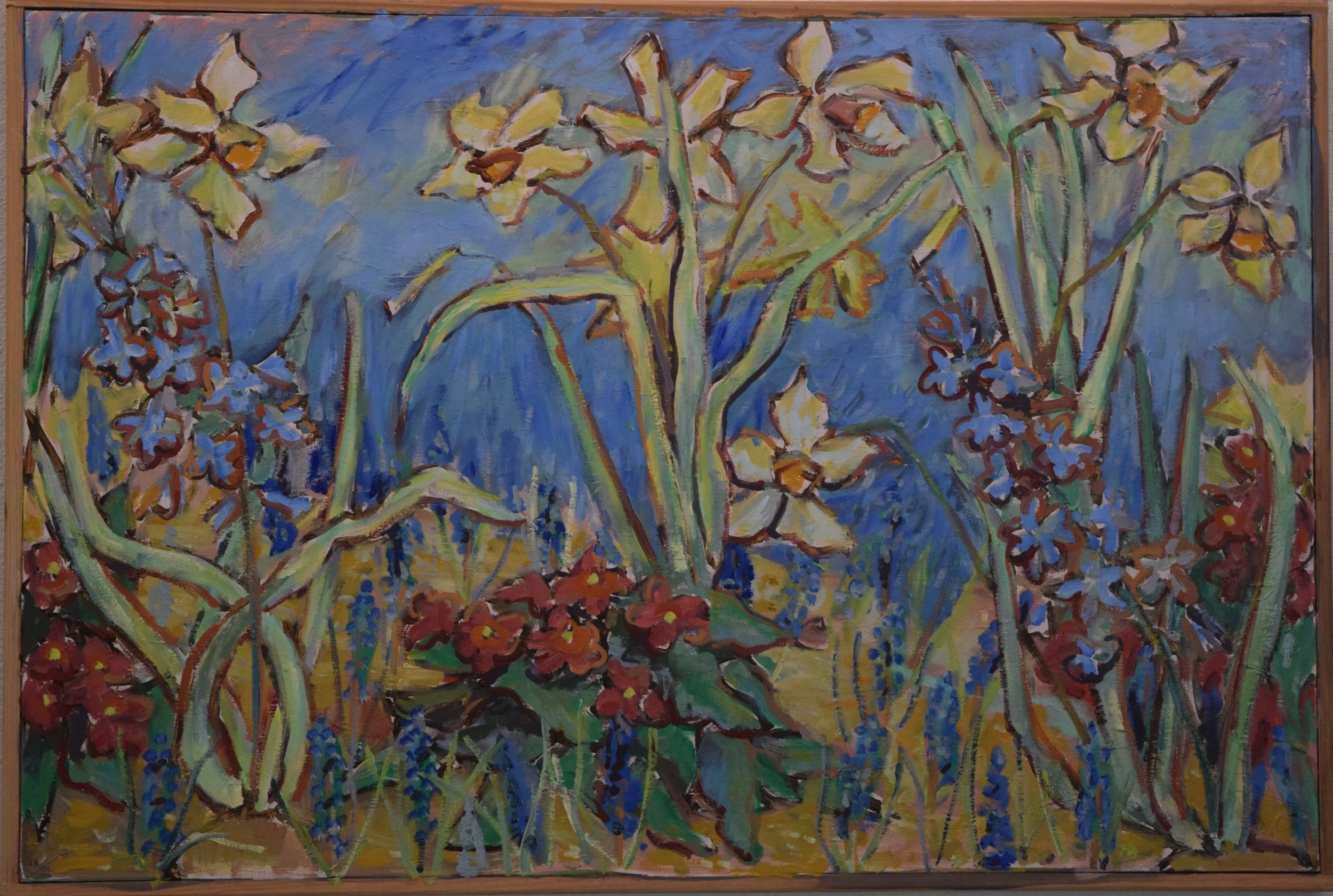 A colorful painting of flowers and plants in a vibrant garden with a mix of yellows, blues, reds, and greens.