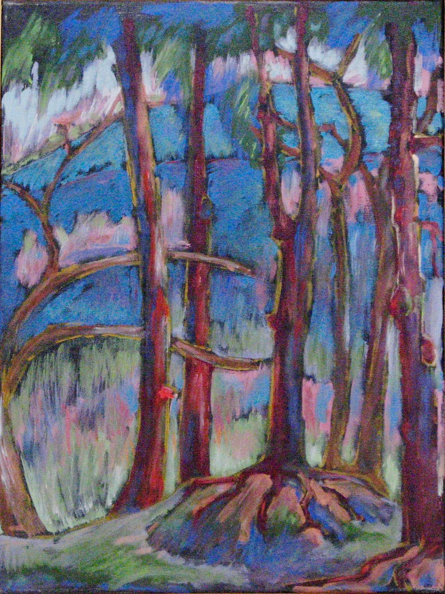 Impressionist painting of tall trees near a body of water, featuring colorful branches and reflections.