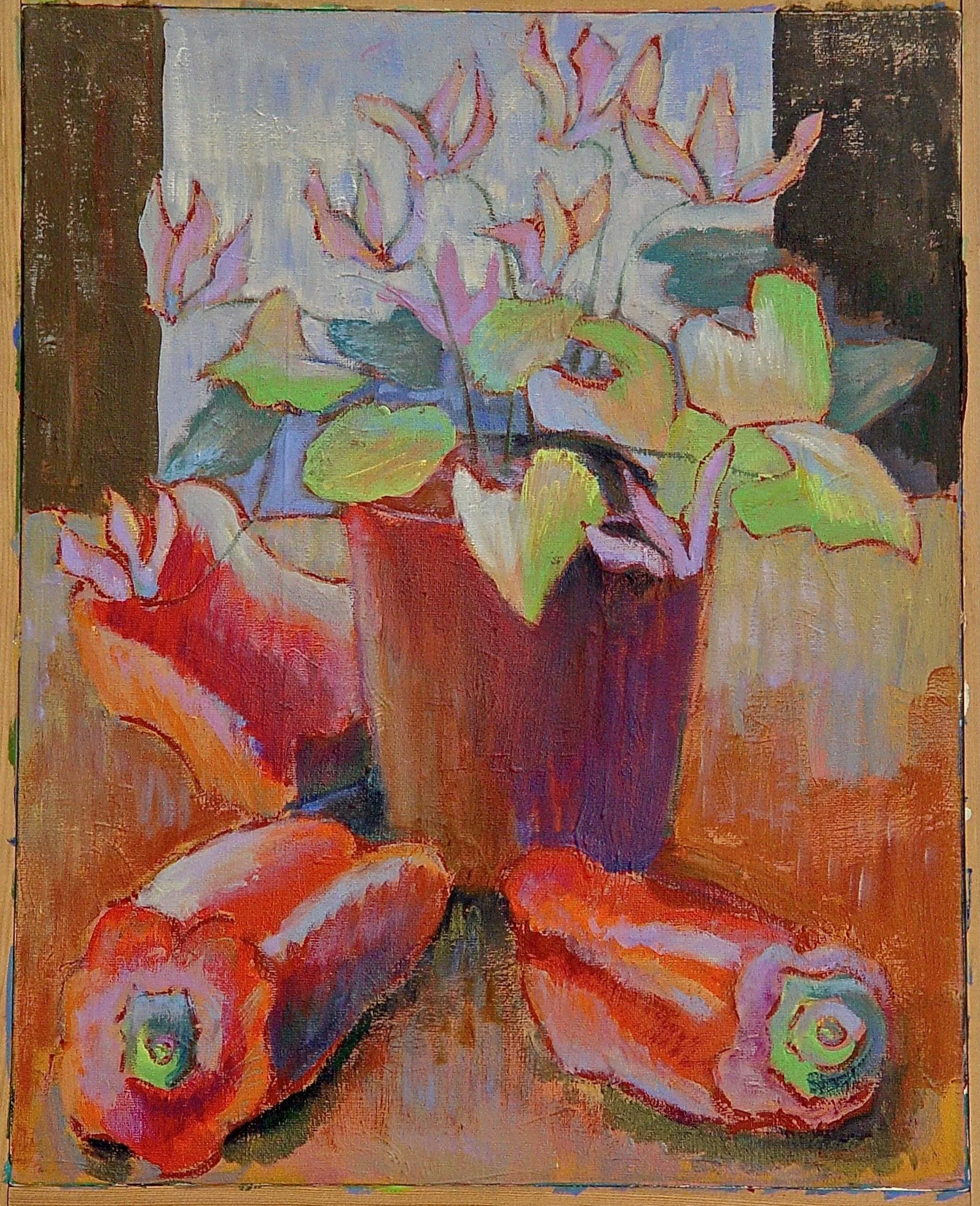 An abstract painting of a potted plant with large leaves and pink flowers, and two peppers on a wooden surface in front of a light background.