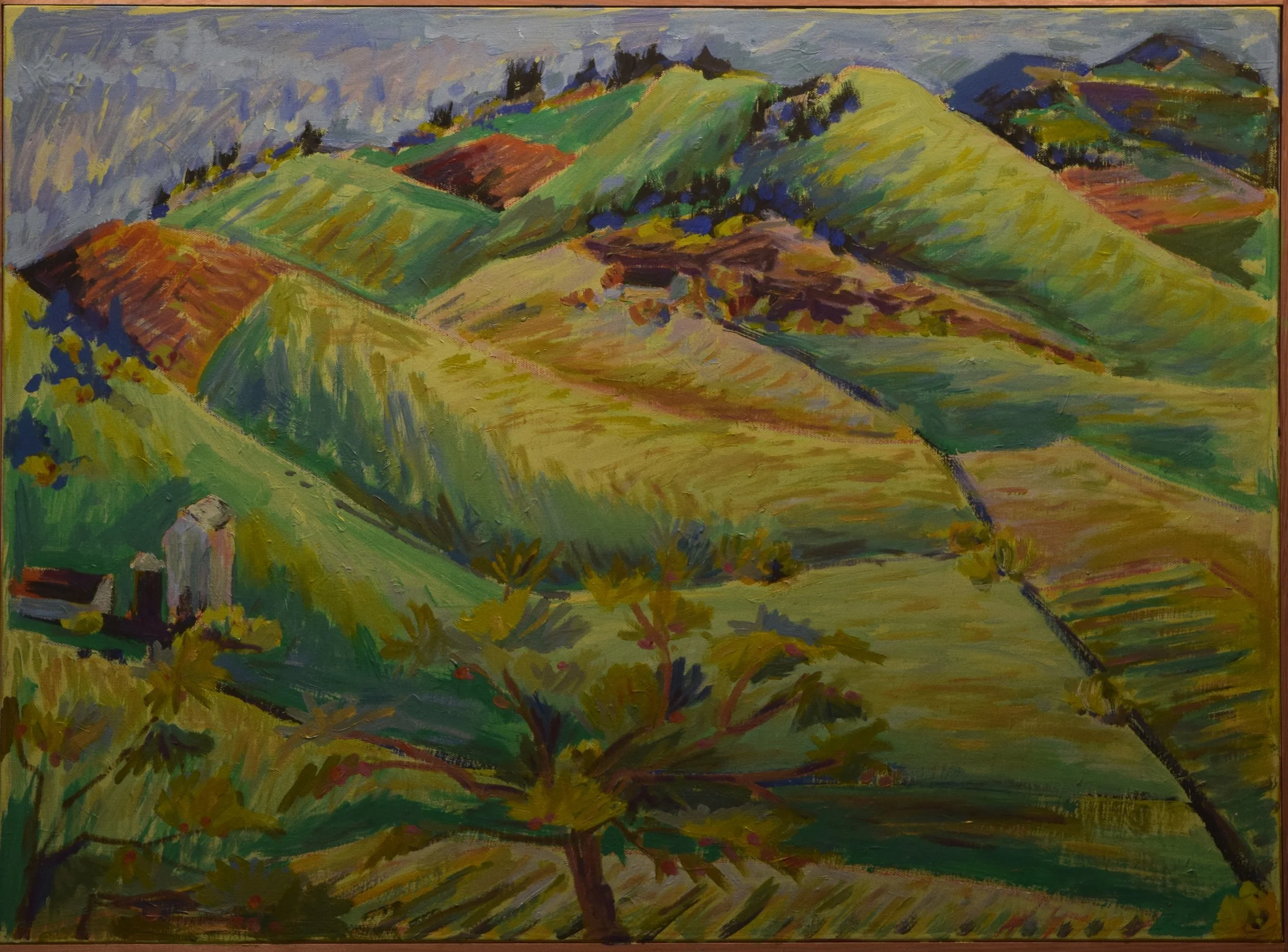 Oil painting of rolling green and brown hills with patches of trees, farmhouses, and fences under a partly cloudy sky.