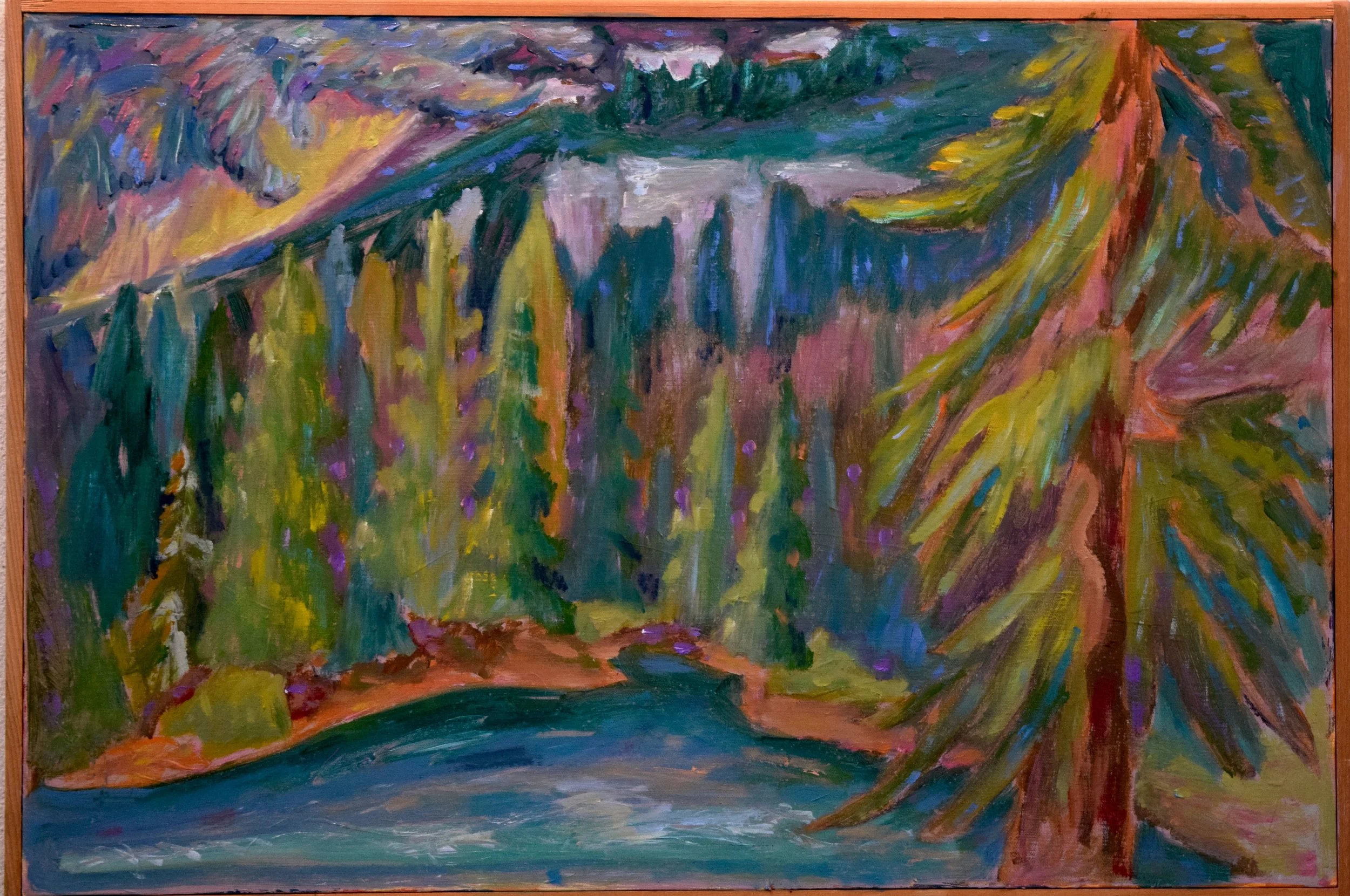 An abstract landscape painting featuring a waterfall, trees, and a river, with bright, vibrant colors and expressive brushstrokes.