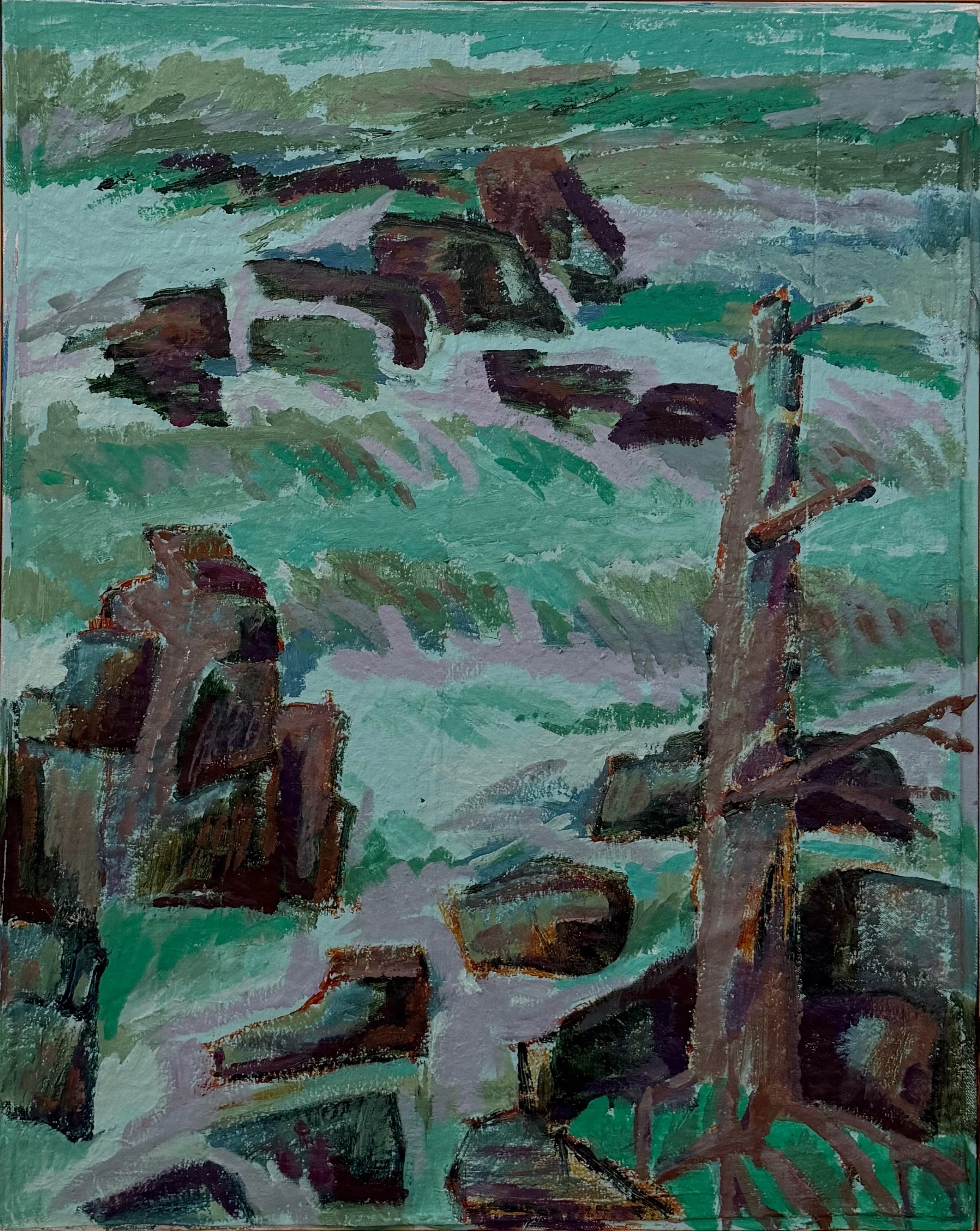 An abstract painting of a landscape with rocks, trees, and green grass, using bold brushstrokes and a textured appearance.