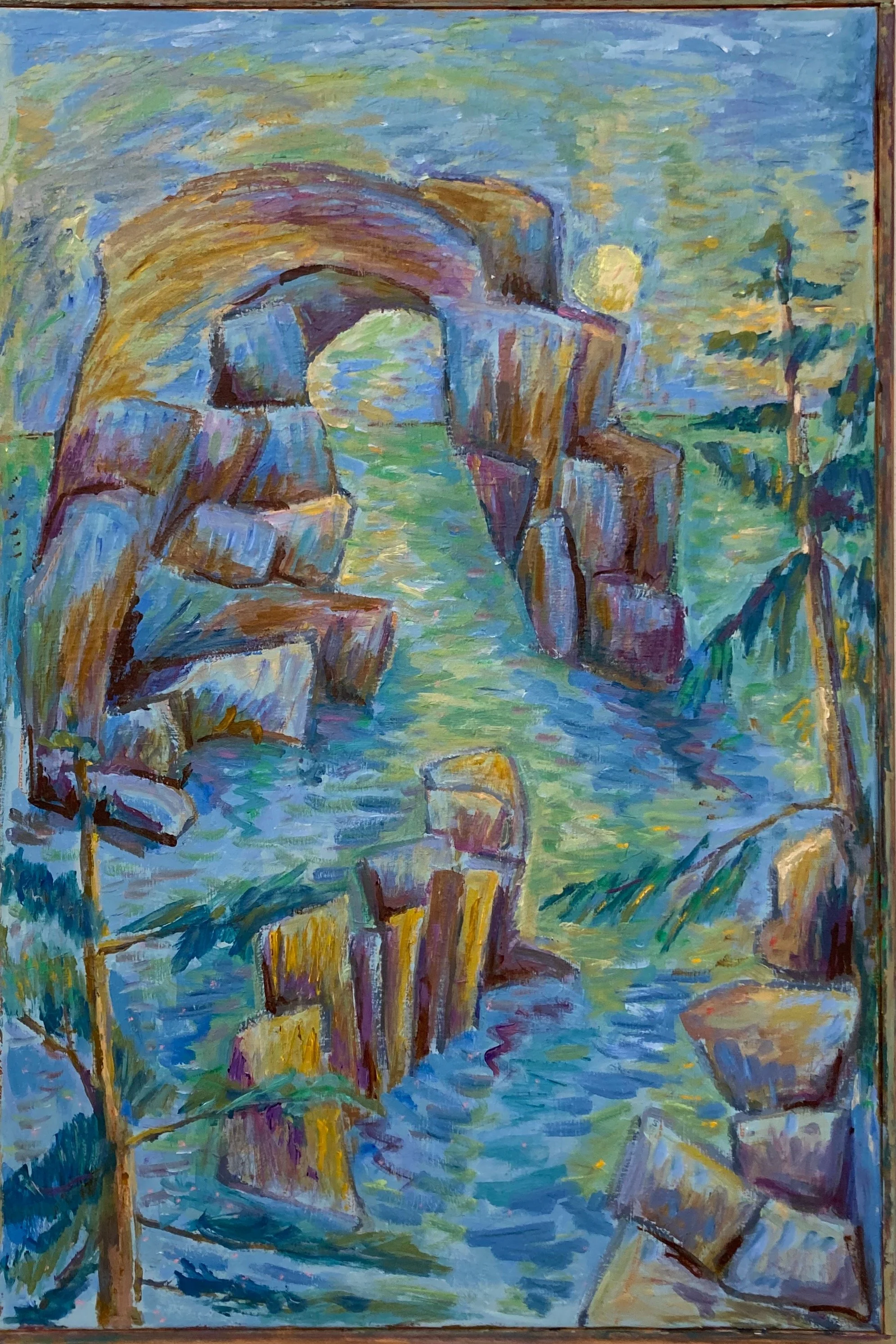 Impressionist painting of a landscape with a bridge, flowing water, trees, and rocks in vibrant earthy colors.