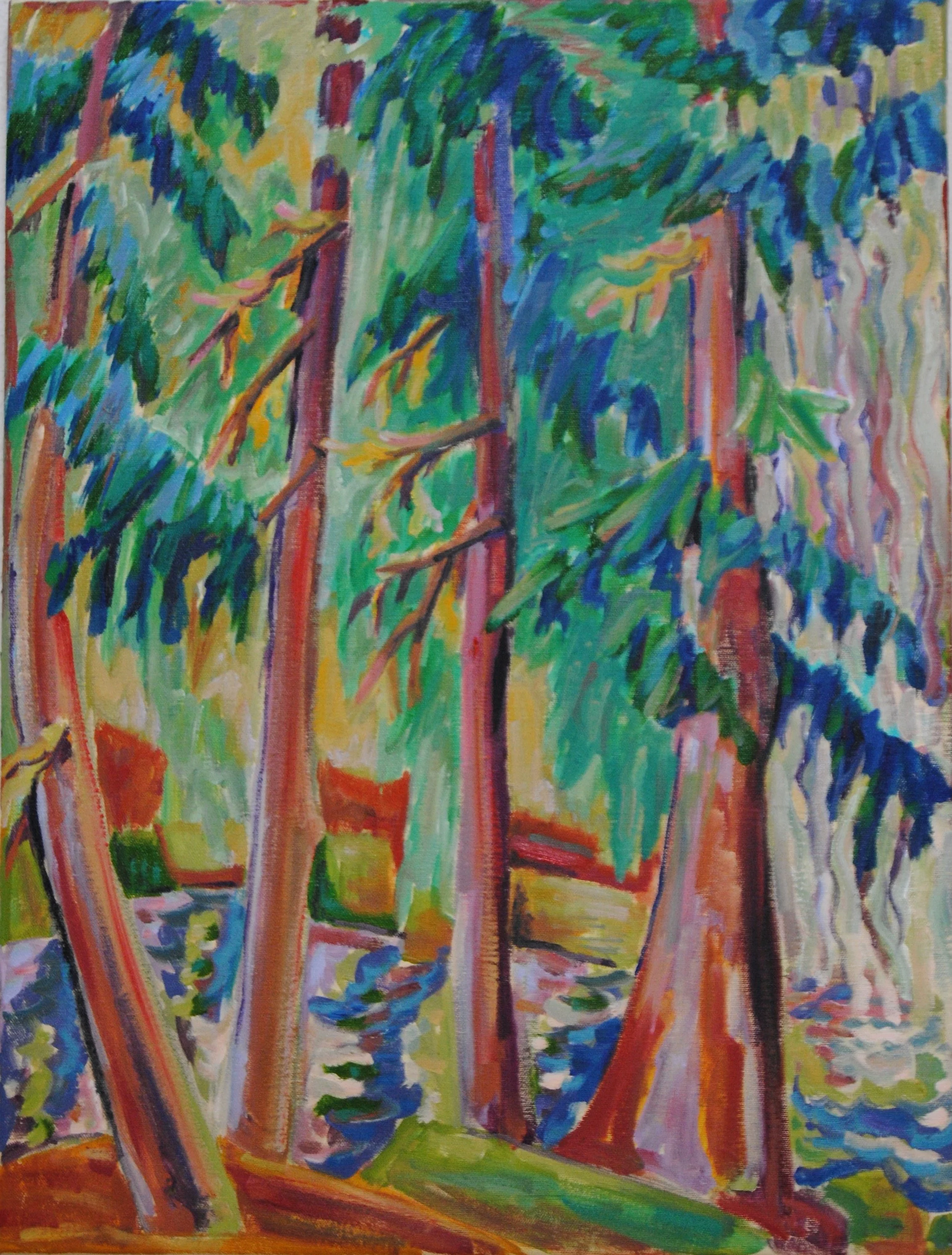 An abstract painting of trees with vibrant green, brown, blue, and purple colors, featuring visible brushstrokes and bold lines.
