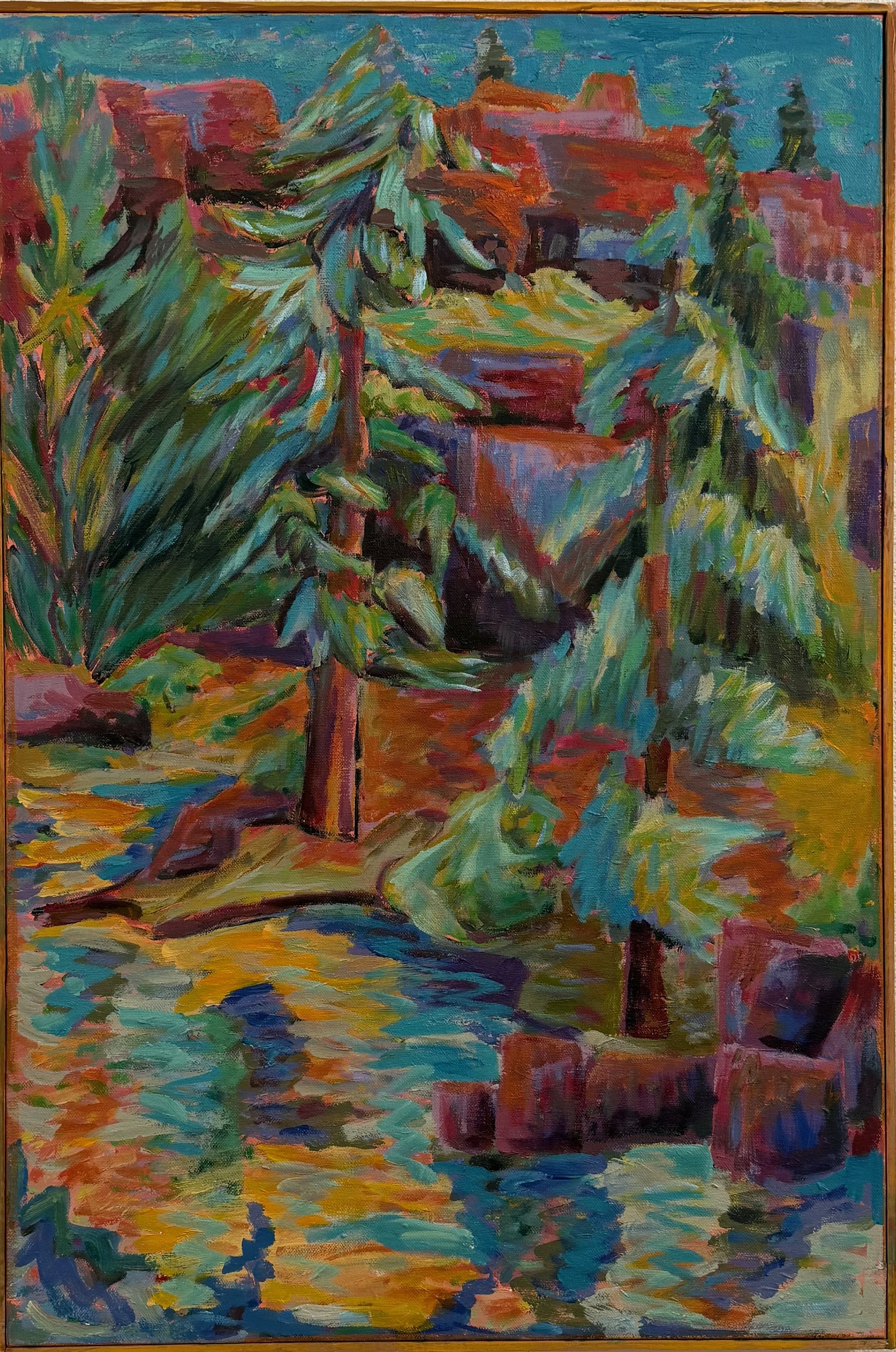 An impressionist-style painting of a landscape with trees, a river, and houses or buildings in the background, using vibrant and bold brushstrokes.
