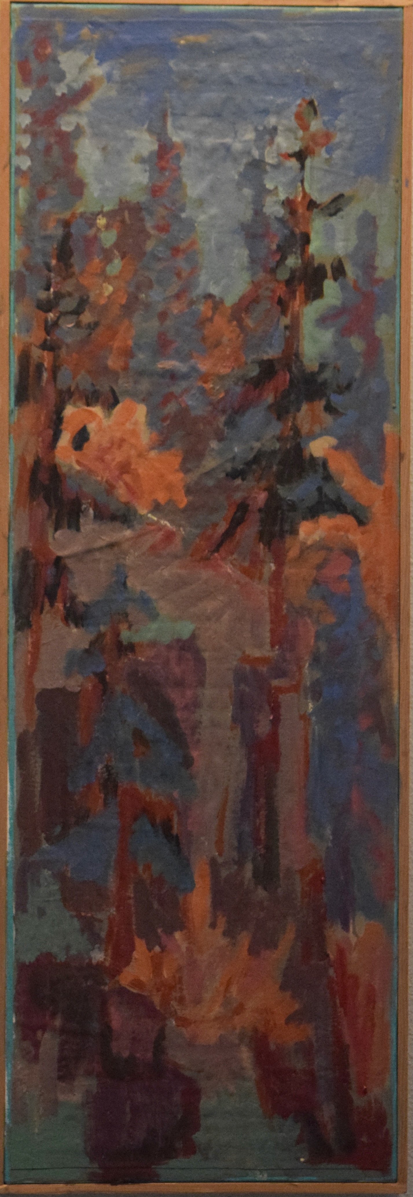 A colorful abstract painting of a forest with tall trees, foliage, and a pathway, using bold brushstrokes and warm autumn tones.