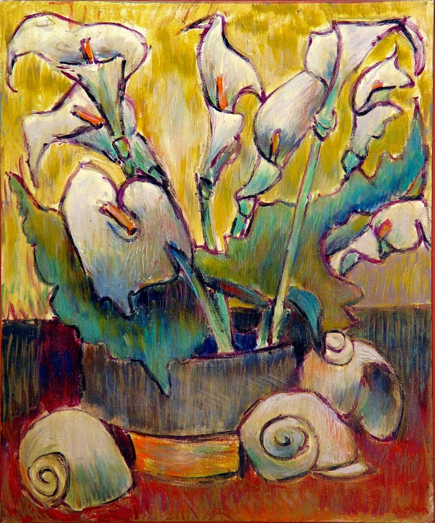 A colorful painting of a potted plant with large, light-colored leaves and purple outlines, placed on a reddish surface with a yellow background.