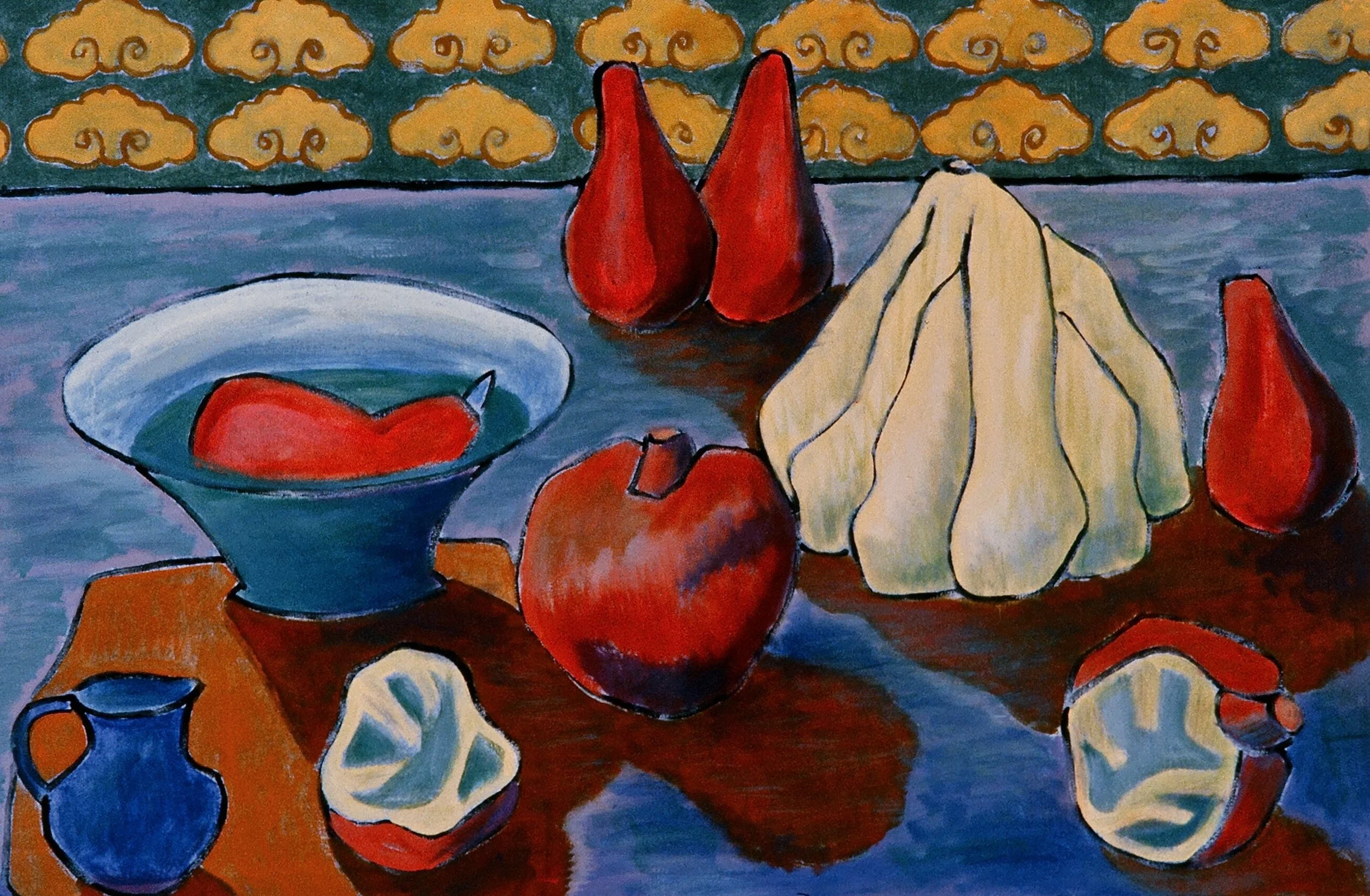 Still life painting of a table with apples, pears, a bowl, a cloth, and small pitchers, with decorative clouds pattern in the background.