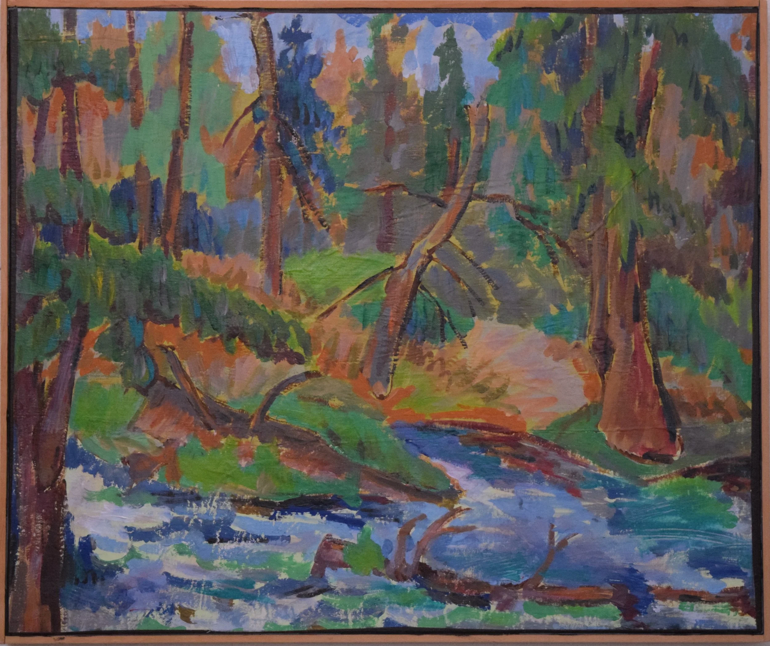 A colorful impressionist painting of a forest stream with trees, bushes, and a flowing creek.