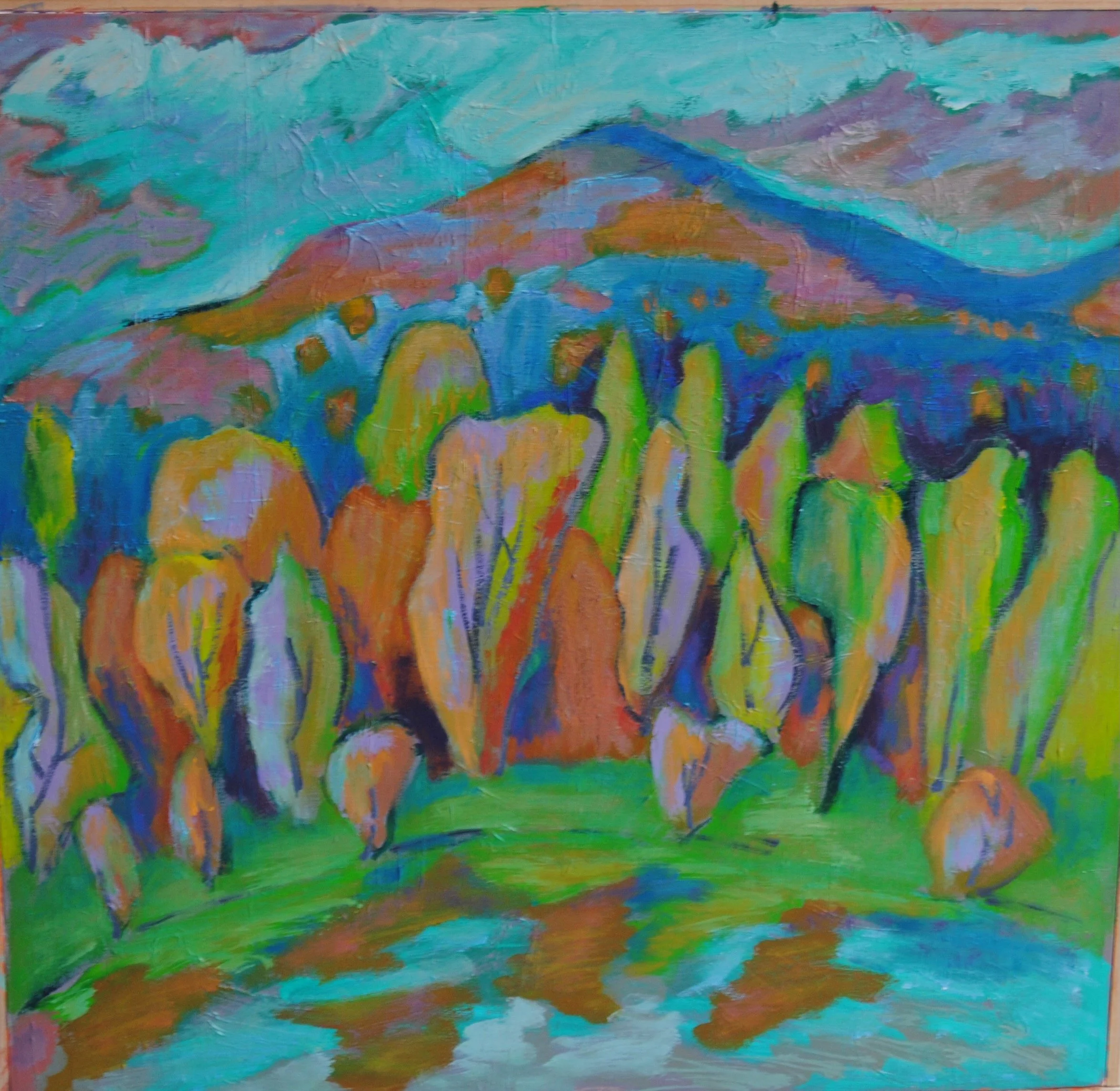 Colorful abstract painting of a mountain landscape with cacti in the foreground and a mountain range in the background.