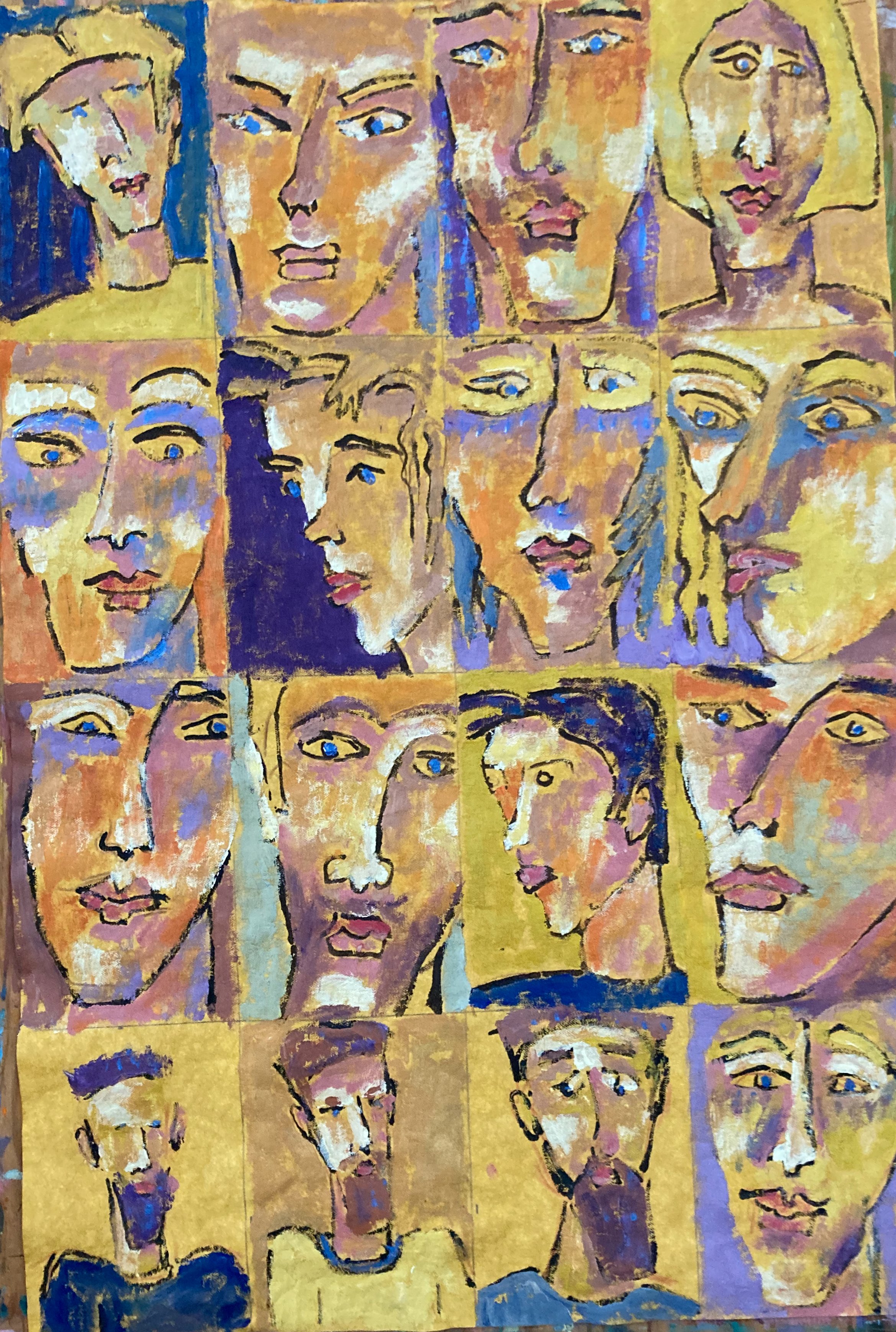 A colorful abstract painting featuring multiple portraits of people's faces with expressive eyes and varied facial expressions, arranged in a grid pattern.