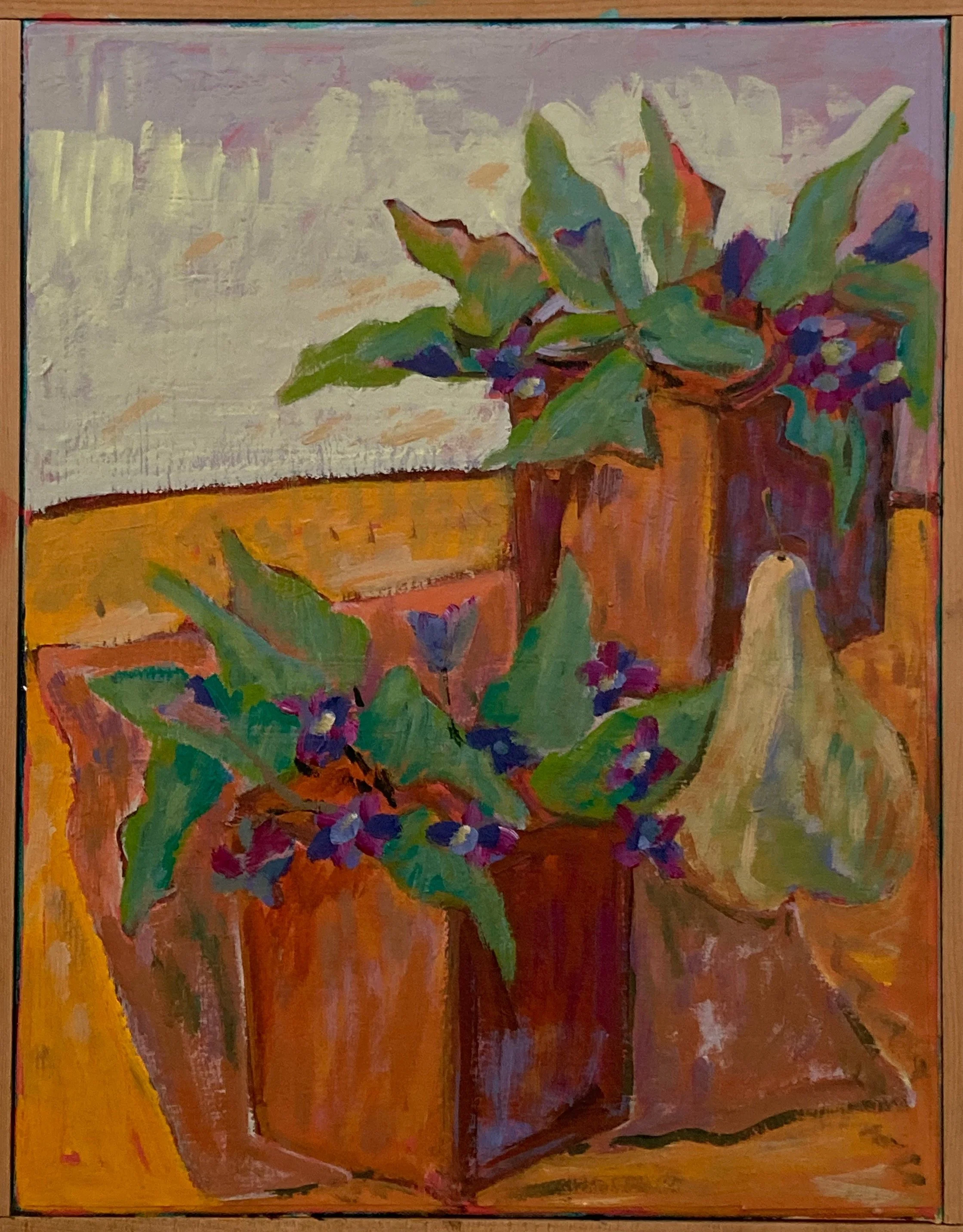 Painting of a still life featuring potted plants with green leaves and purple berries, and a white pear on a wooden surface.