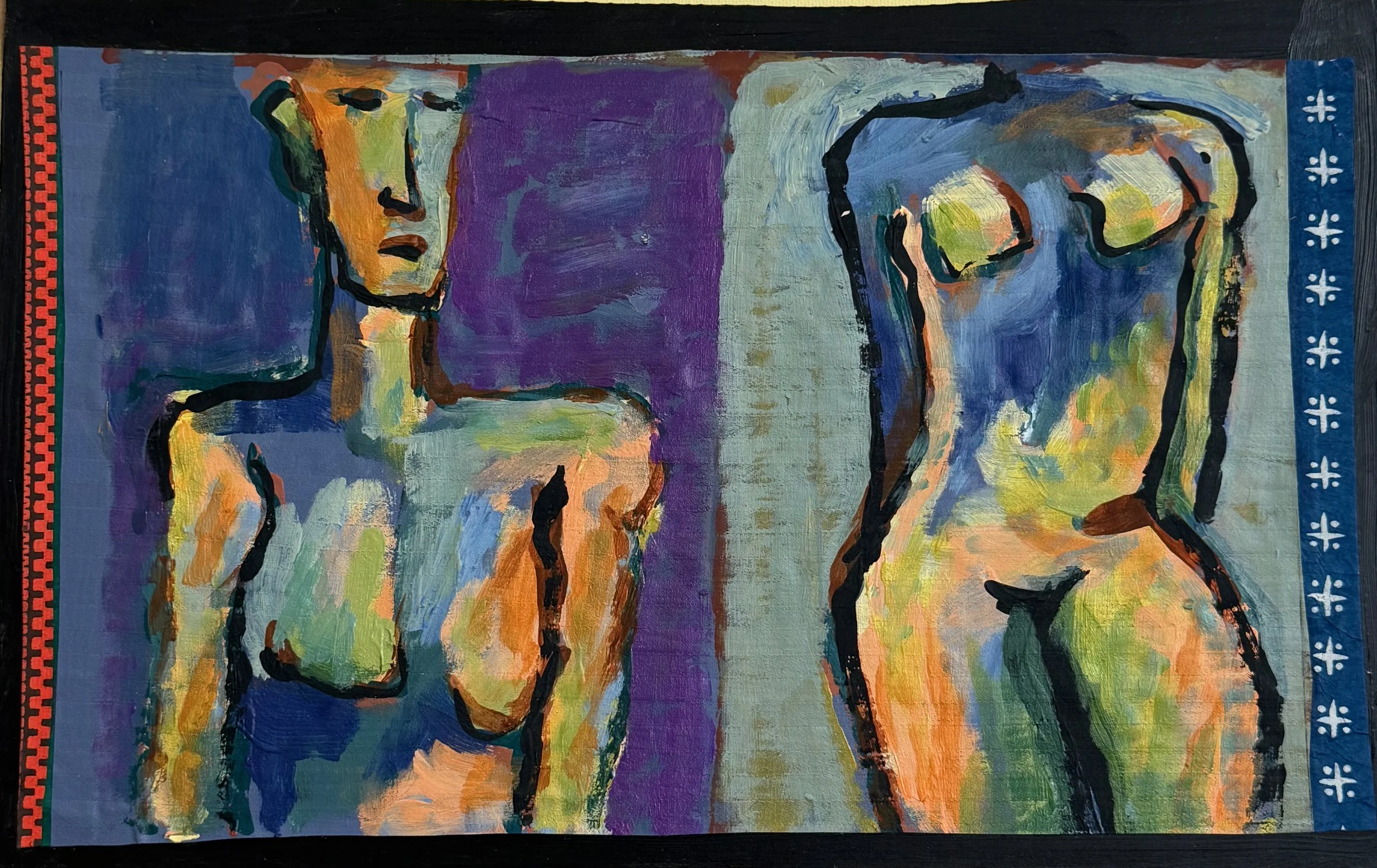 Abstract painting of two female nudes with bold black outlines, one on the left and one on the right, with colorful backgrounds and decorative borders.