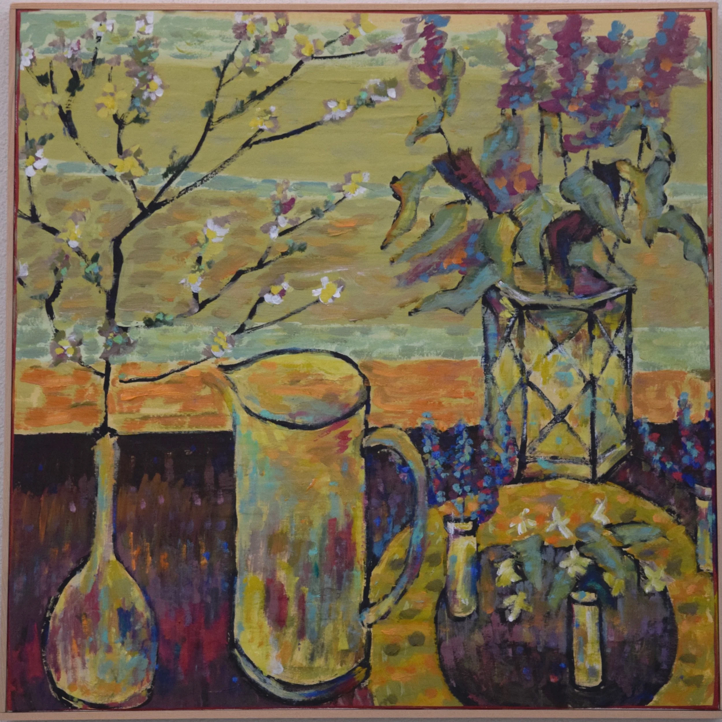 An impressionist painting of a still life scene with vases and plants on a table, featuring a yellow pitcher, a round vase, a tall cylindrical vase, and a small bottle, with a backdrop of a landscape with trees and sky.