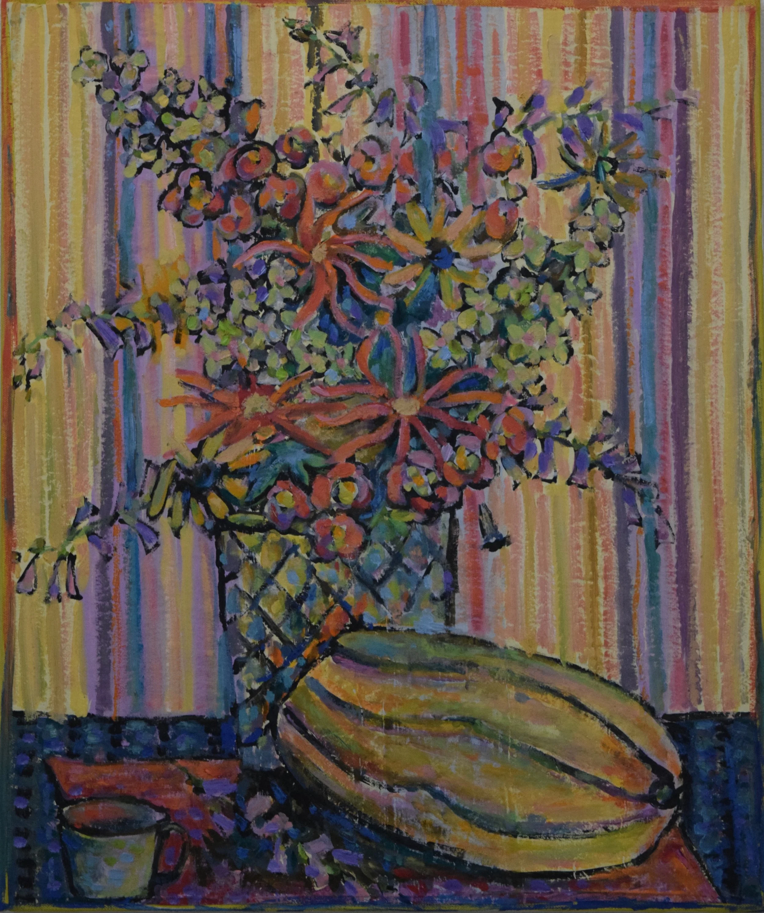 A colorful painting of a bouquet of flowers in a tall vase on a table, with striped background and a small vessel nearby.