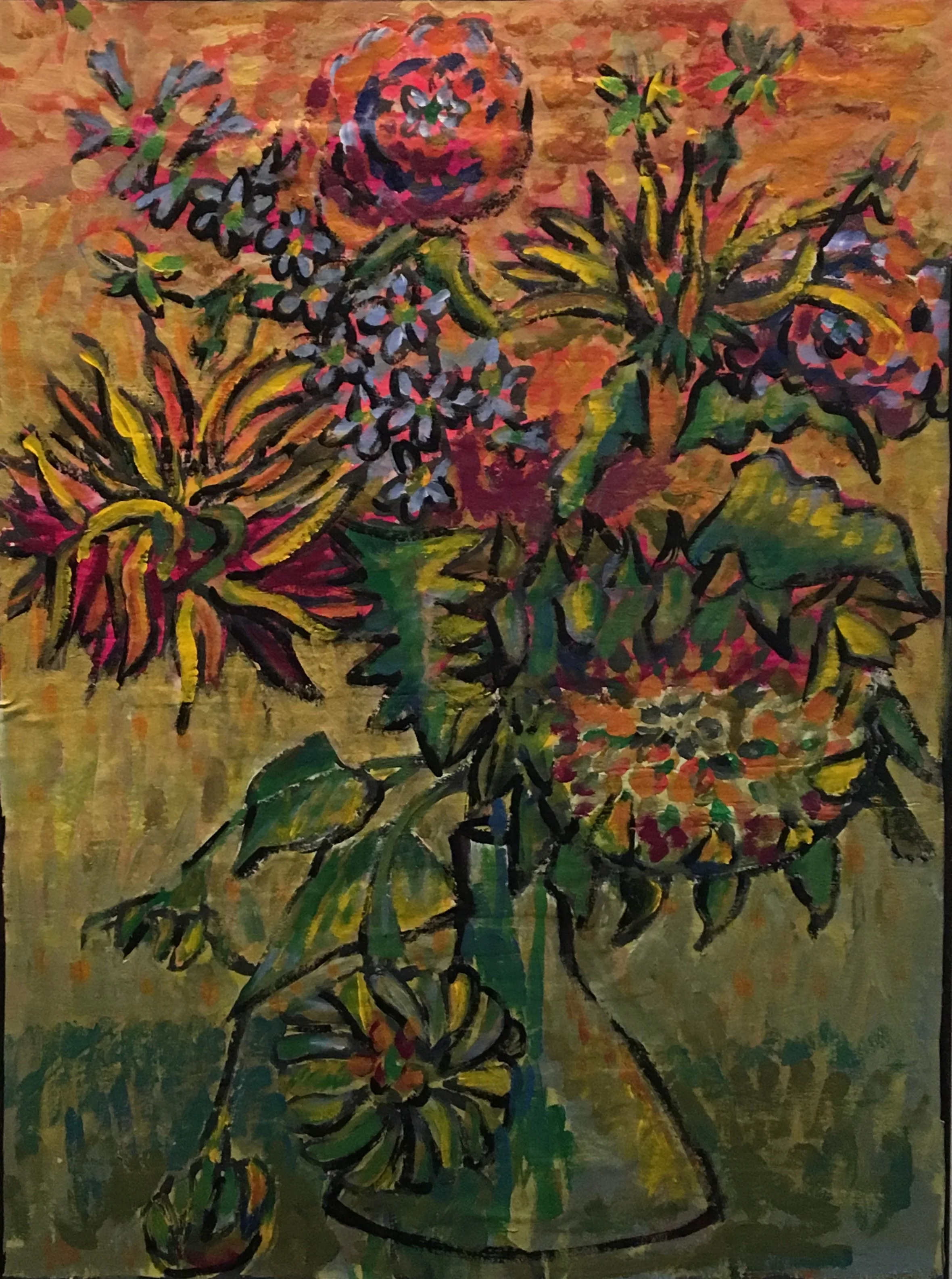 A colorful painting of a bouquet of flowers in a vase, featuring various flowers including large blooms and smaller groups, with vivid brushstrokes and bold outlines.