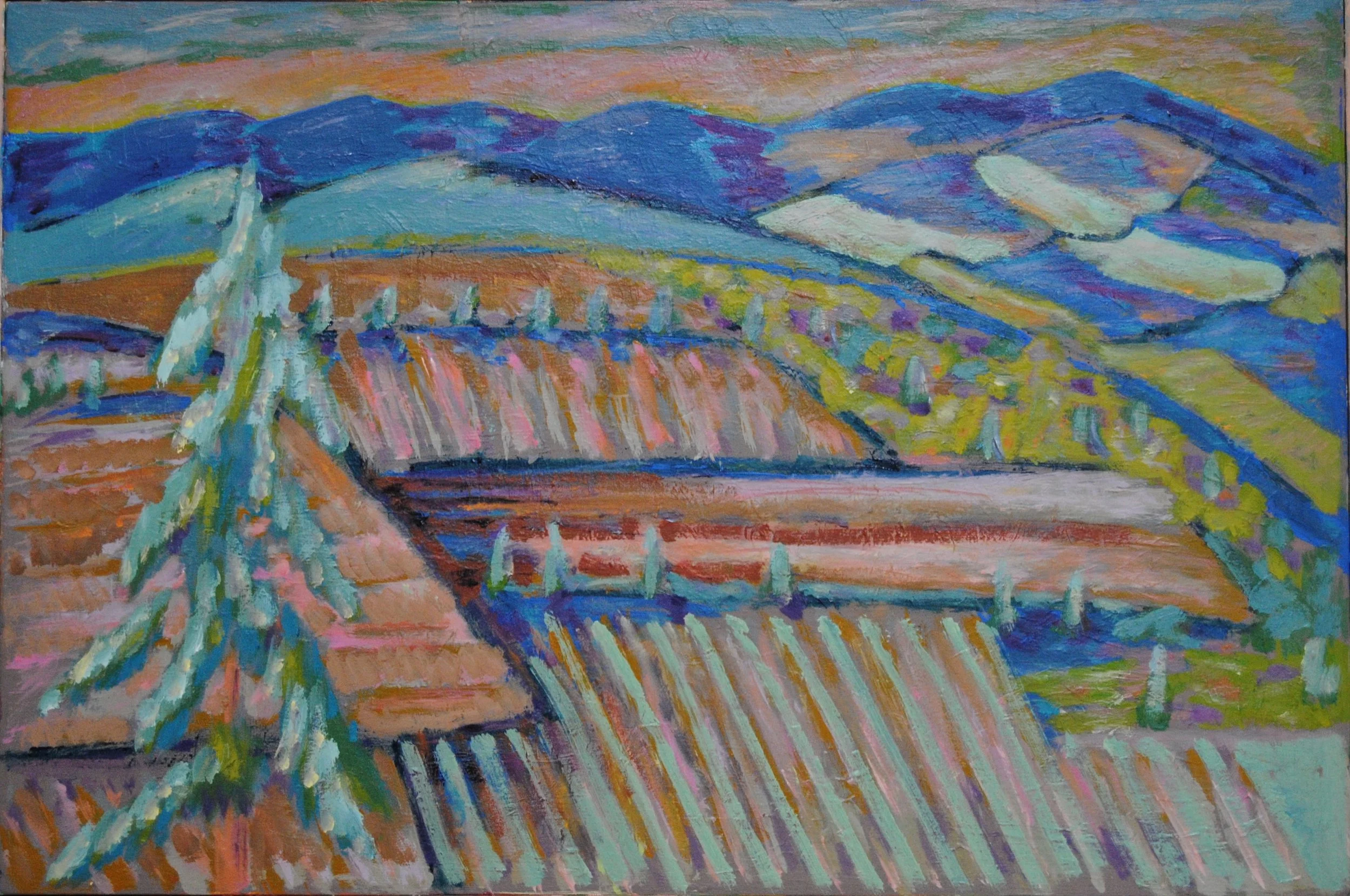 Colorful landscape painting of rolling hills, fields, and trees in hues of blue, green, and orange with a bright sky.