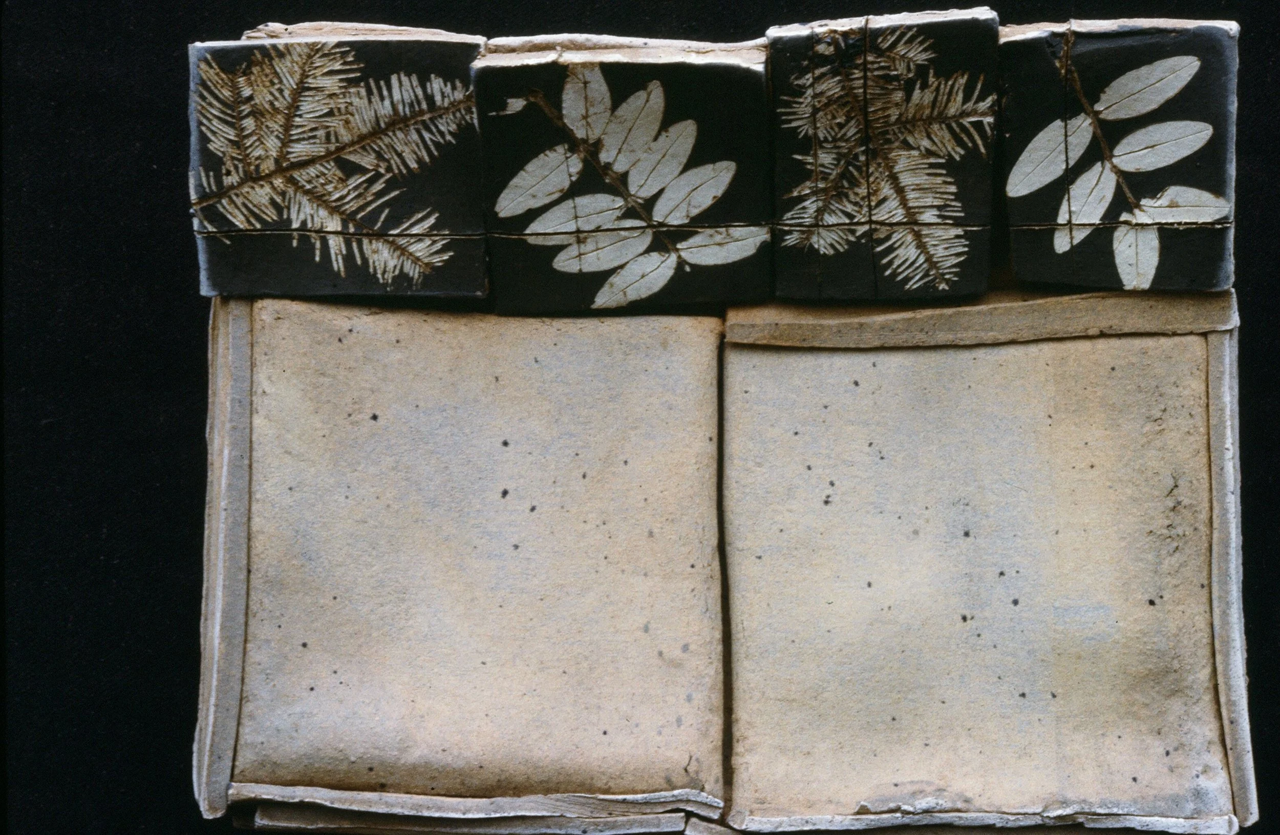 Square black tiles with white leaf and fern print arranged above a beige, weathered hardcover book or box with two open pages or lids on a black surface.