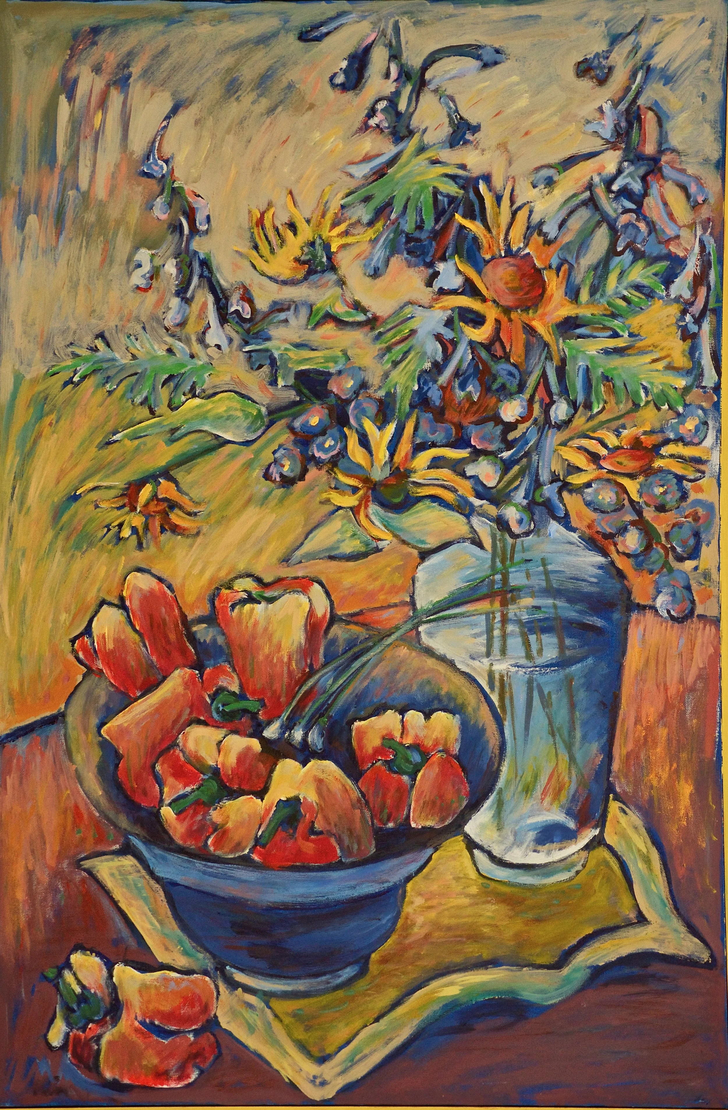 A colorful still life painting of a bowl of bell peppers, a bouquet of flowers in a vase, and a few peppers scattered on a table with a cloth.