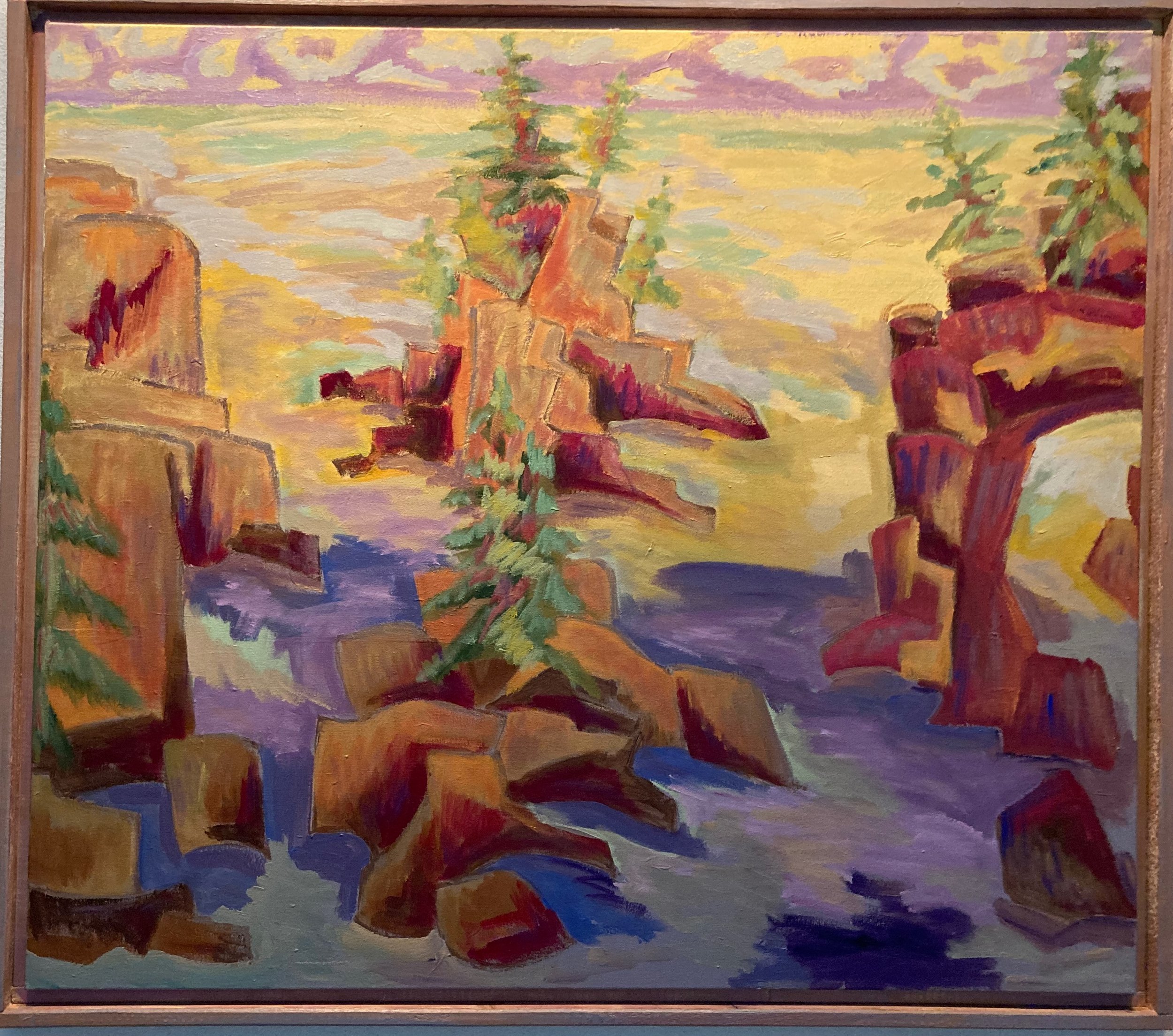 An impressionistic painting of rocky cliffs with green trees, a river, and a colorful sky.