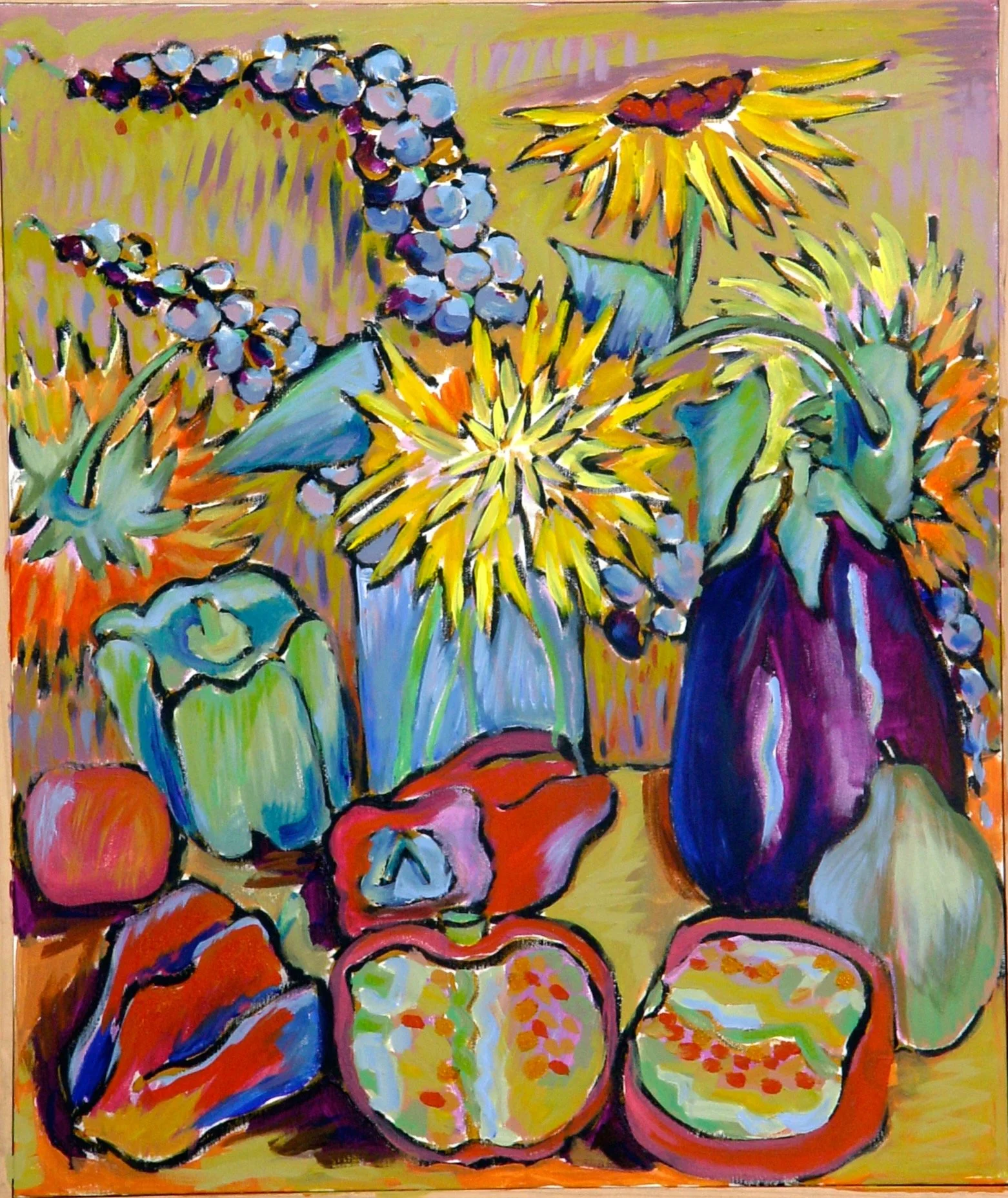 Colorful oil painting of a still life with various fruits and vases, including apples, peppers, and a melon, set against a vibrant background.